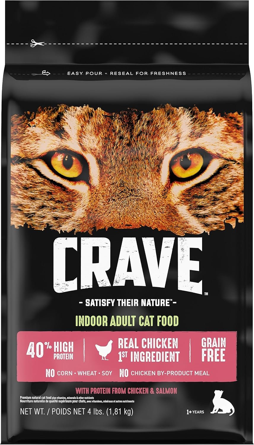 CRAVE Grain Free High Protein Indoor Dry Cat Food, Chicken & Salmon, 4 lb | 40% protein, real chicken & salmon #1 ingredients, all natural, no by-product meal, no corn, wheat, soy, supports muscles