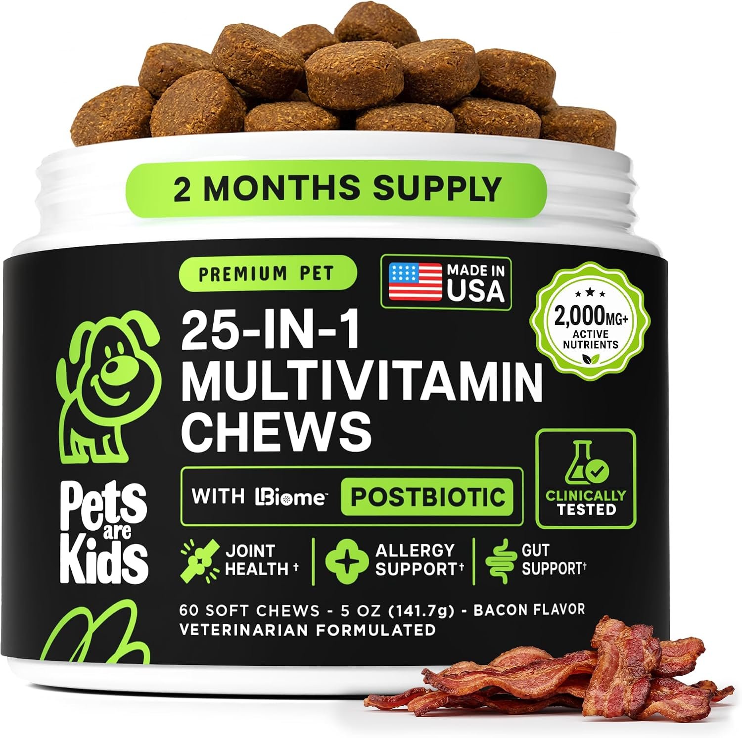 Pets are Kids 25-in-1 Dog Multivitamin for Gut, Mobility, Immunity, 60Chews | Pet Vitamins and Supplements with LBiome™, Colostrum & Salmon Oil for Gut, Allergy, Mobility & Immune Health, Bacon Flavored