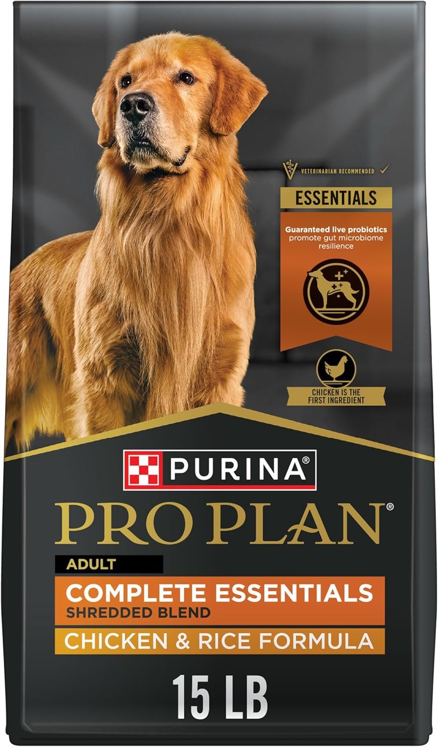 Purina Pro Plan Complete Essentials Shredded Blend Chicken and Rice Dog Food Dry Formula with Probiotics for Dogs – 15 lb.