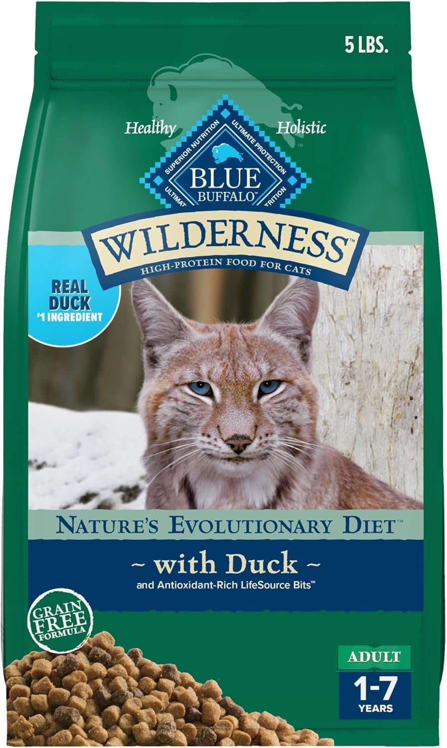 Blue Buffalo Wilderness Duck Adult Dry Cat Food, Grain-Free, 5 lb | Real Duck #1 Ingredient, High Protein & Grain-Free Recipe, Supports Immunity with Antioxidant-Rich LifeSource Bits