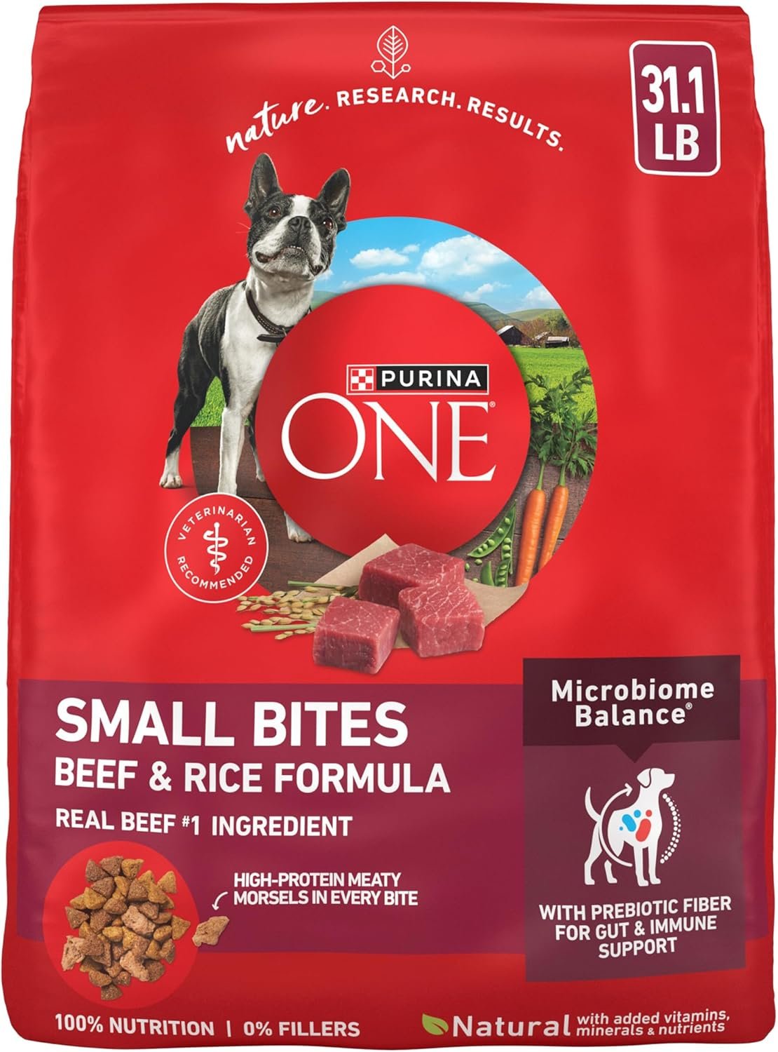 Purina ONE Small Bites Beef & Rice Dry Dog Food, 31.1 lb Bag | Small, easy-to-eat dog food, easily digestible with microbiome balance and prebiotic fiber for gut health
