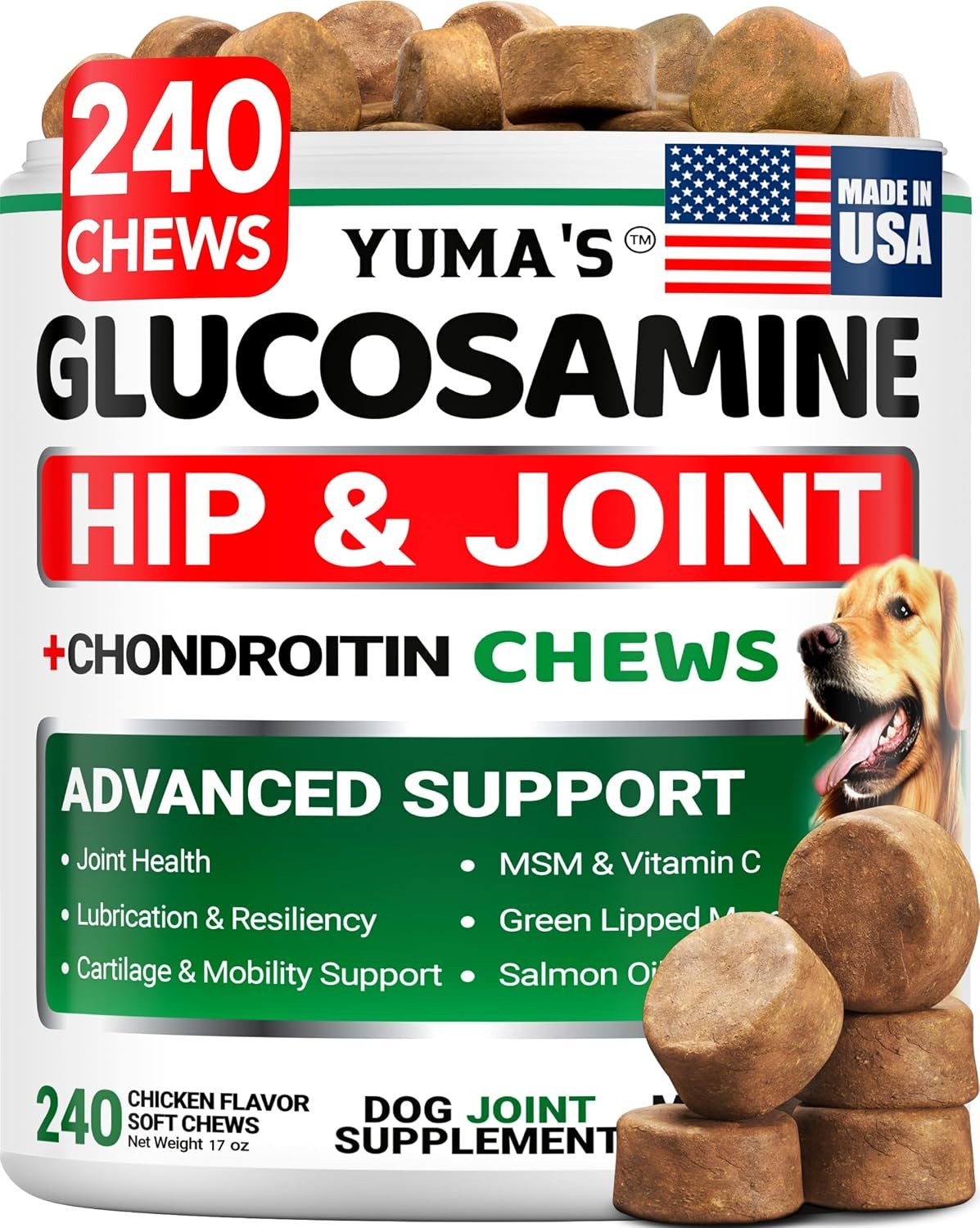 YUMA’S Glucosamine for Dogs – 240 Chews – Hip & Joint Supplement for Dogs | Chondroitin, MSM, Salmon Oil & Turmeric Chews, Joint Pain Relief & Mobility for Large, Medium & Small Breed Dogs, Made in USA