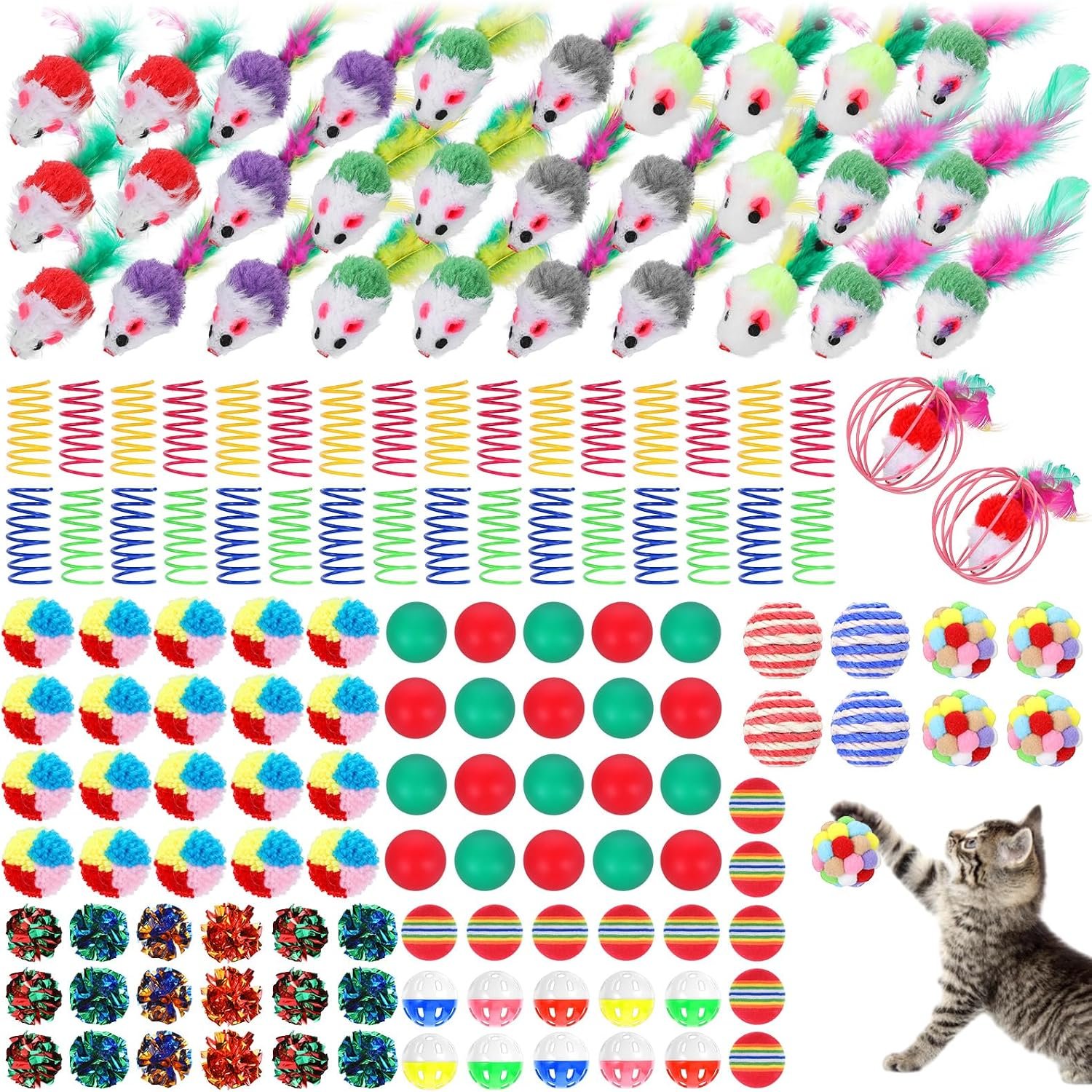 150 Pcs Cat Toys Bulk, Kitten Toy for Indoor Cat, Small Plastic Crinkle Ball, Spring Toy, Furry Soft Pom Pom, Sisal Balls, Mouse Toys for All Cats Interactive Active