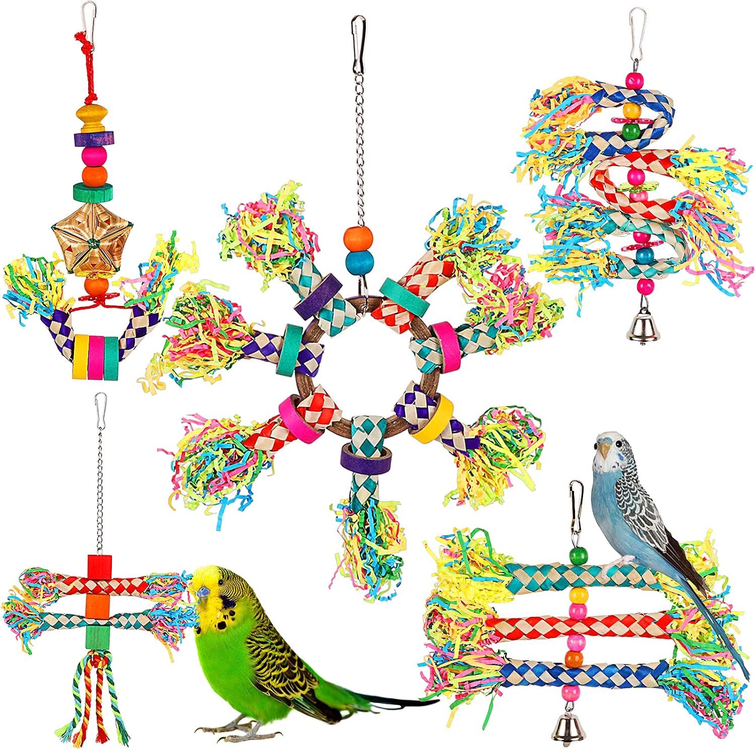 LifeIdeas 5PCS Bird Toys – Foraging, Shredding & Hanging Toys for Small to Medium Parrots, Conures, Cockatiels, Budgies, Lovebirds & Parrotlets – Bird Cage Accessories