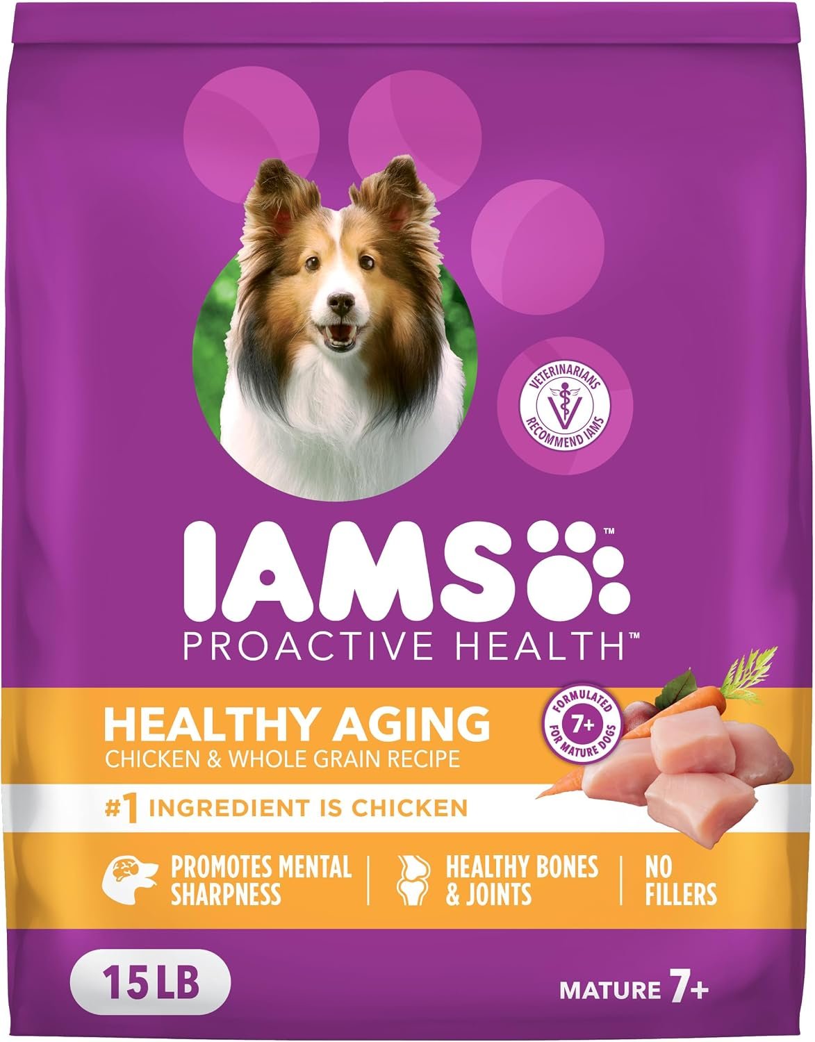 IAMS Proactive Health Healthy Aging Dry Dog Food, Chicken, 15 lb | Veterinarian-recommended, DHA Gold for mental & visual sharpness, Vitamin E & Beta Carotene, real chicken #1 ingredient