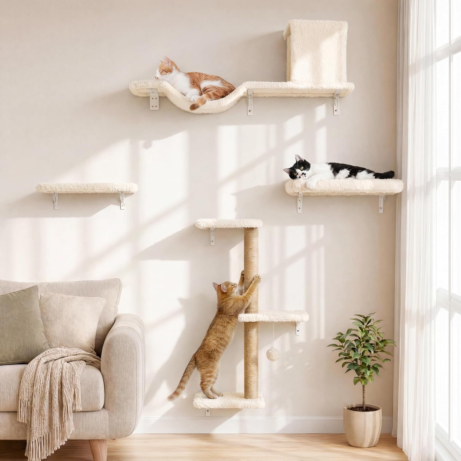 FUKUMARU Cat Wall Shelves, 4 in 1 Set, Beige | Stable & Safe Cat Walls Furniture, Wooden Kitten Climbing Wall with Scratching Post for 16 Inch Drywall