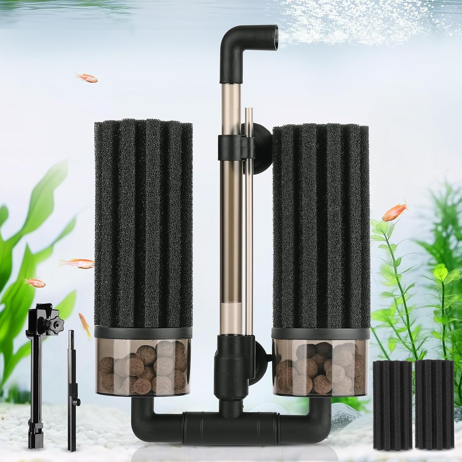 hygger Aquarium Double Sponge Filter: Upgraded Sponge Filter with Larger Filtration Area, Come with Extendable Clip, 2 Spare Biochemical Sponges, Bioceramic Balls, for Freshwater Saltwater Tank – M