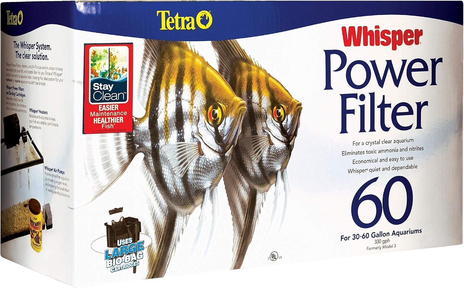 Tetra Whisper PF60 Power Filter For Aquariums | For Fish Tanks Up To 60 Gallons, Whisper Quiet, 3-Stage Filtration, Stay Clean Technology For Healthy pH Levels, Self-Priming