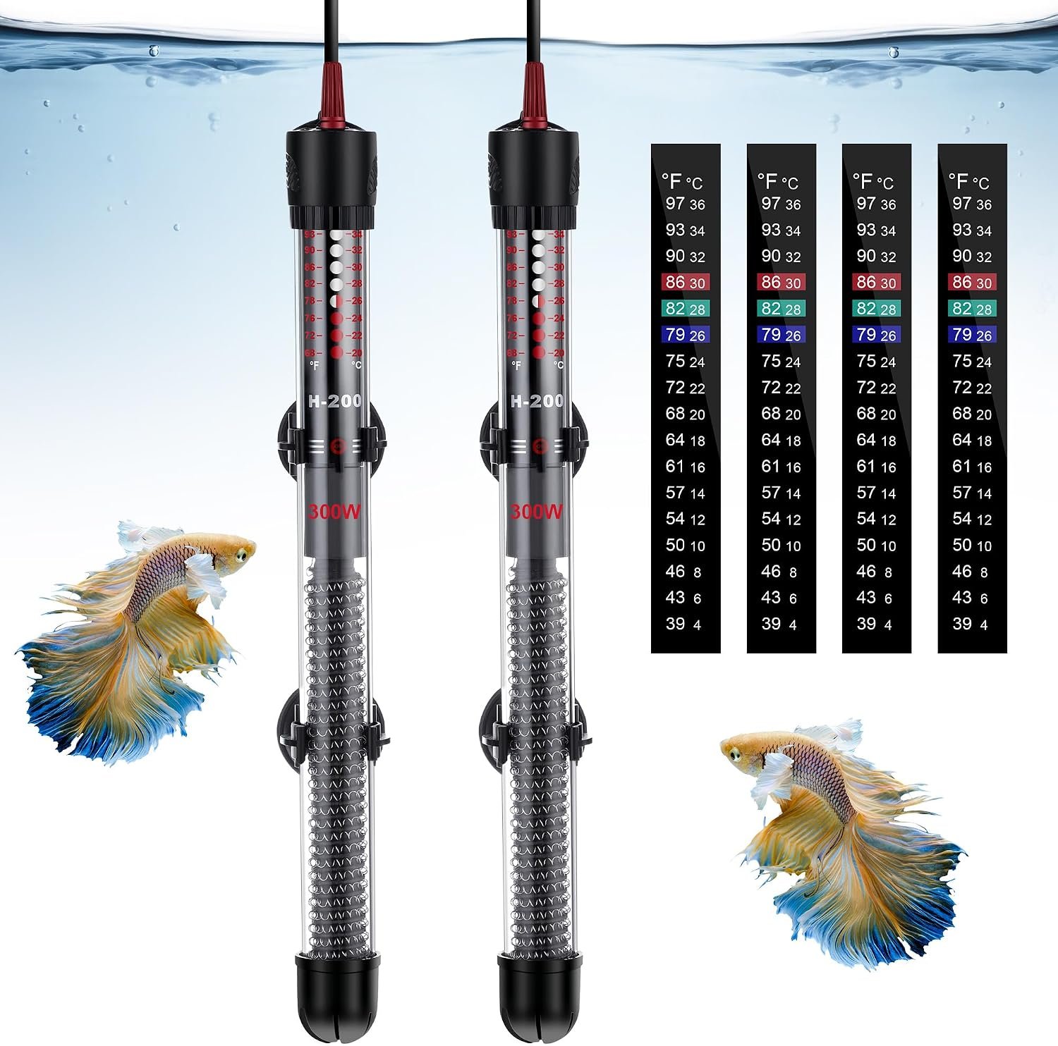 Dreyoo 2 Set 300W Submersible Aquarium Heater with 4 Thermometer Stickers | Adjustable Aquarium Fish Tank Heater with Suckers, Adjustable Knob Thermostat for Marine Saltwater and Freshwater