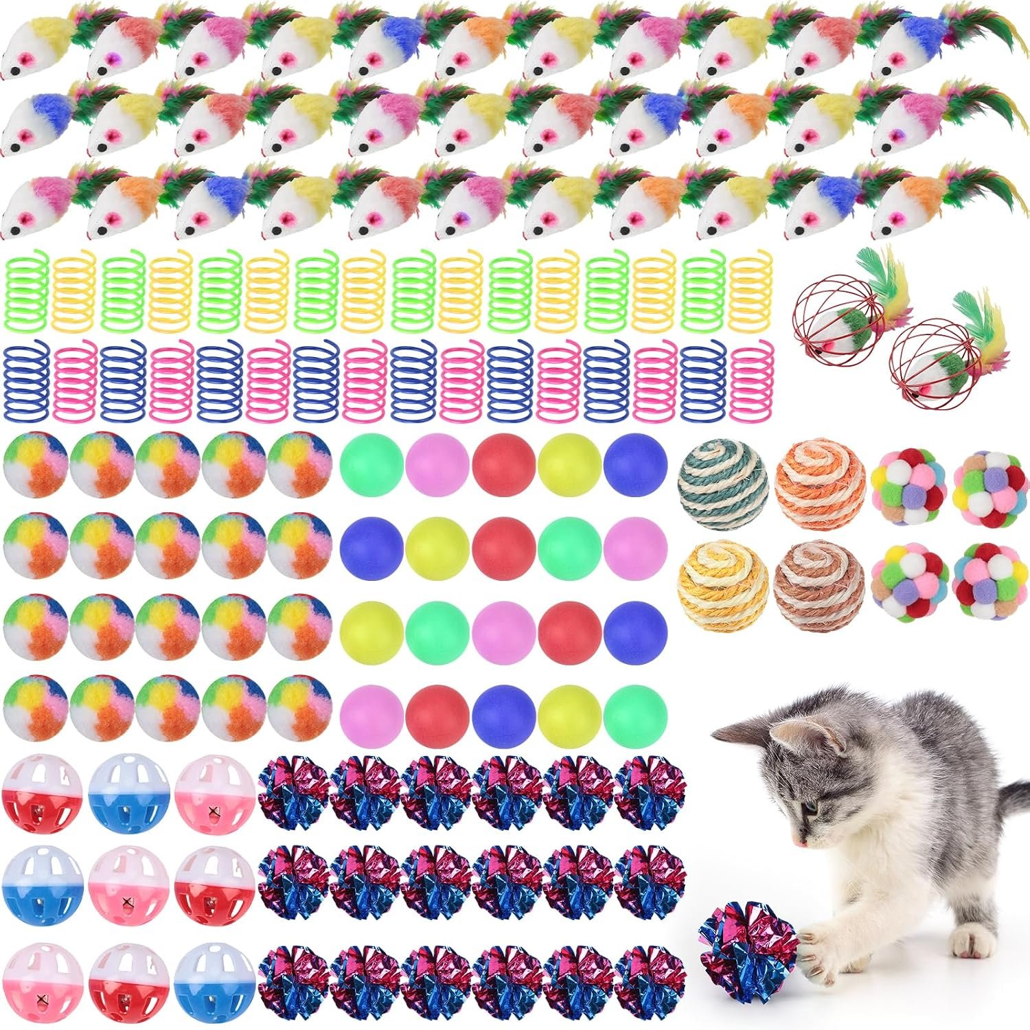 Shappy 150 Pcs Cat Toys Bulk Pack for Indoor Cats, Mice Balls,Classic | Variety Kitten Toy Set with Springs, Rainbow Balls, Crinkle Bells, Interactive Mice Play, Gift for Feline Fun Time