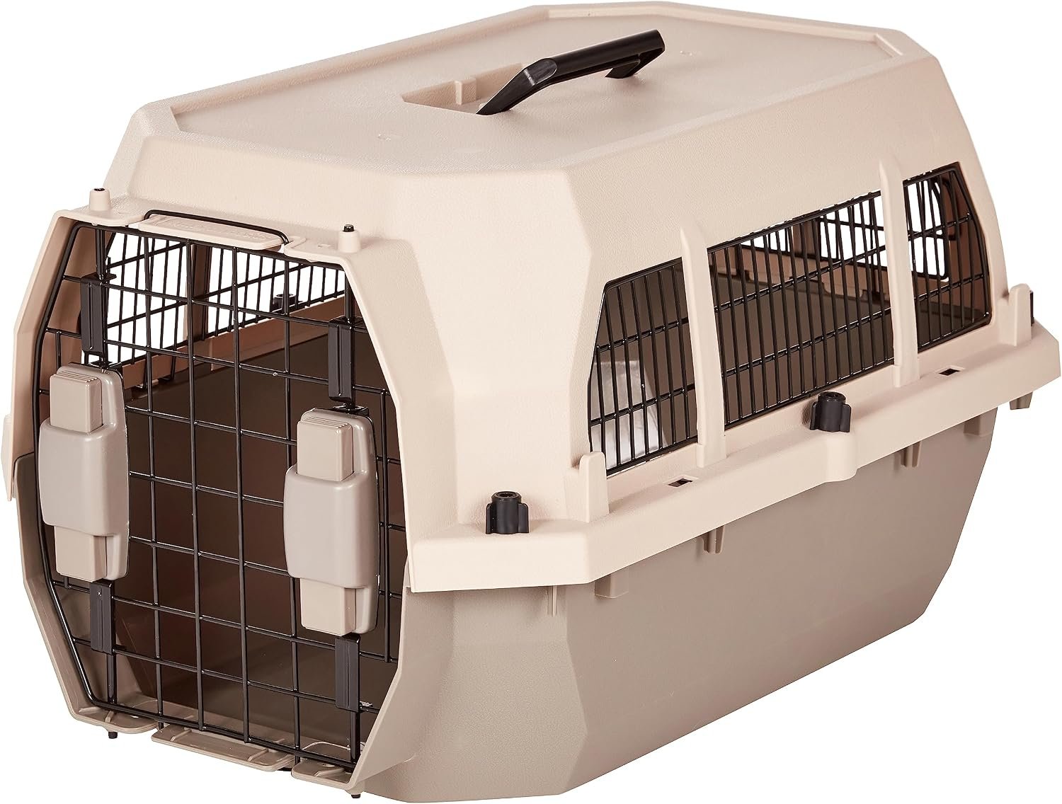 Amazon Basics Hard-Sided Dog and Cat Kennel, Single-Door Travel Pet Carrier with Metal Wire Ventilation, 23.6″L x 15.7″W x 13″H, Beige
