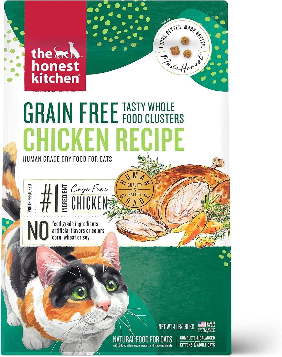 The Honest Kitchen Grain Free Chicken Whole Food Clusters Dry Cat Food, Human Grade Recipe with Cage Free Chicken & Probiotics, Digestive & Skin Coat Support for Kittens & Adult Cats, 4 lb Bag