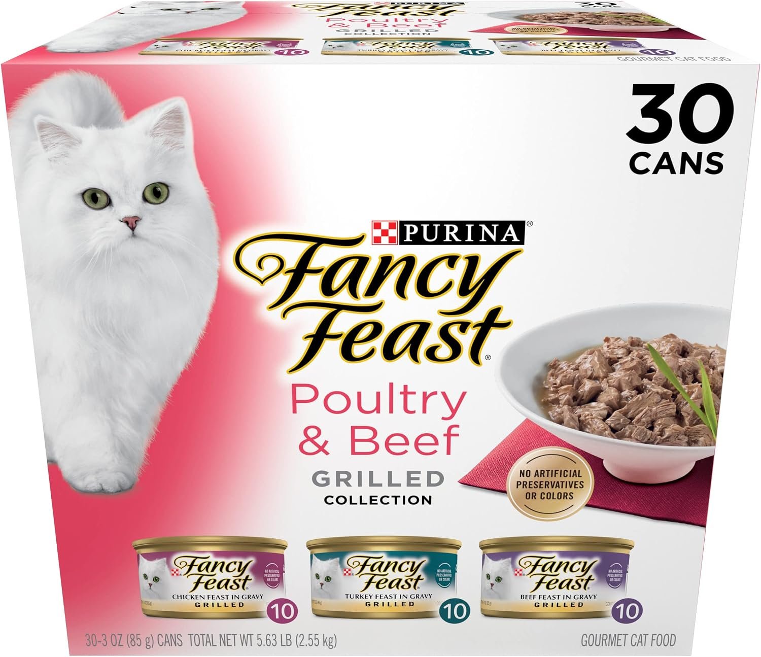 Purina Fancy Feast Grilled Wet Cat Food, Poultry & Beef, 3 oz cans, 30-Pack | Variety Pack, tender grilled texture made with no artificial colors or preservatives, 100 percent complete and balanced