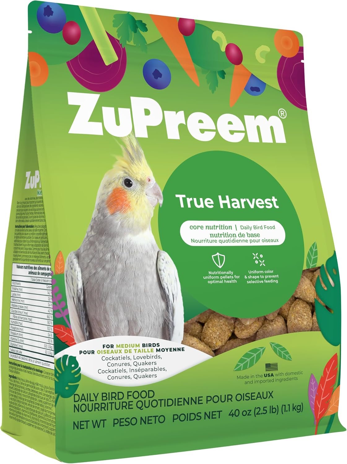 ZuPreem True Harvest Cockatiel Pellets, Medium Bird Food, 2.5 lb, Pack of 2 | Natural daily pellets, for quakers, lovebirds & small conures, medium bird diet
