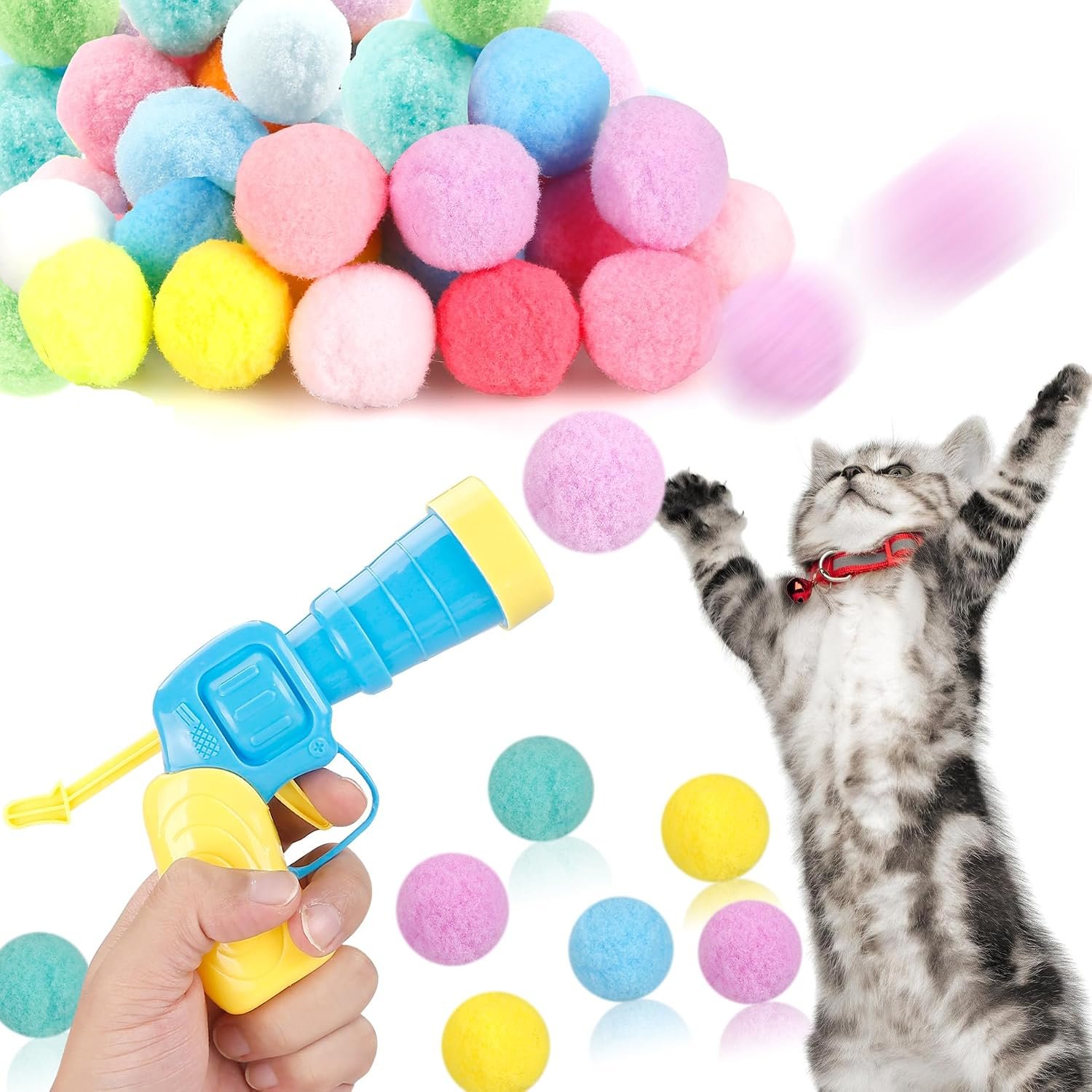 MeoHui 31Pcs Cat Ball Toy Launcher Gun, Cat Balls Fetch Cat Toys | 30Pcs Plush Fuzzy Balls Launcher Cat Toy with 1 Gun, Funny Interactive Cat Toys for Indoor Cats, Cute Kitten Kitty Toys