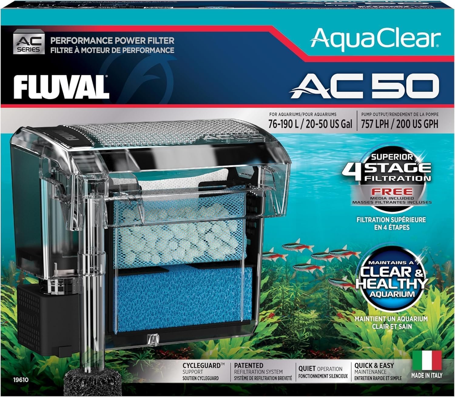 Fluval 50 Power Filter – Aquarium Filter for 20 to 50 Gallon Fish Tanks – Quiet Energy Efficient Pump – Mechanical, Chemical & Biological Filtration – Easy Install & Maintenance (Packaging May Vary) | Quiet Energy Efficient Pump – Mechanical, Chemical & Biological Filtration – Packaging May Vary