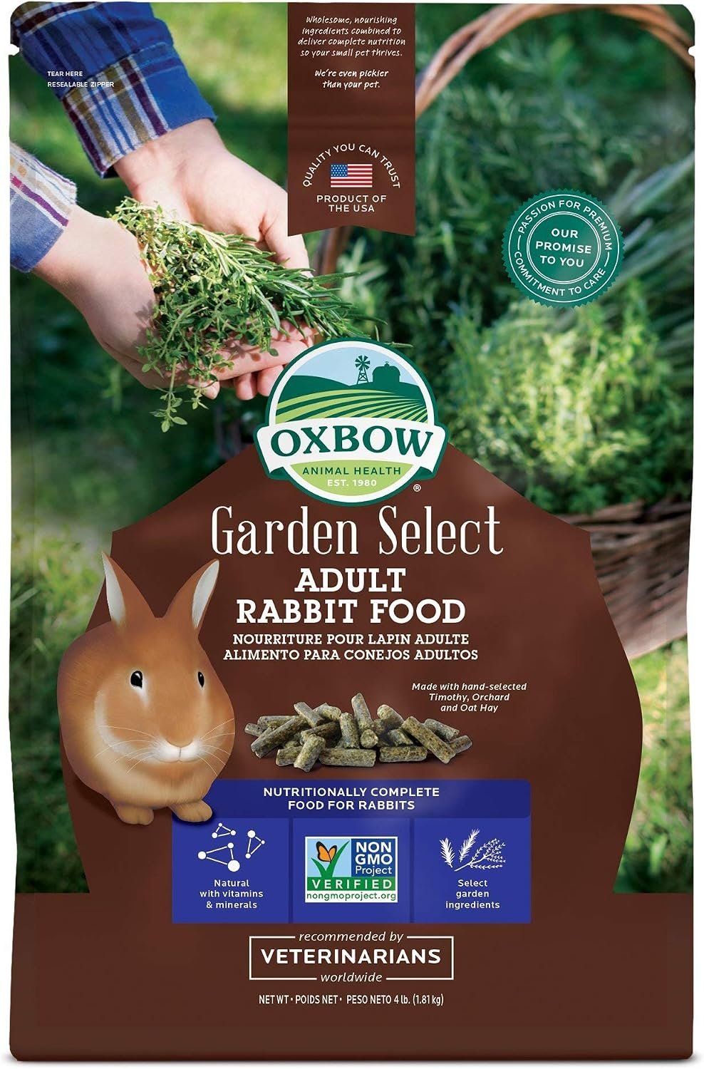 Oxbow Garden Select Adult Rabbit Food, High-Fiber Rabbit Pellets, USA, 4 lb | Bunny Food for Adult Rabbits, Made with High Fiber Oxbow Hay, Vitamins & Minerals, Uniform, Prevents Selective Feeding