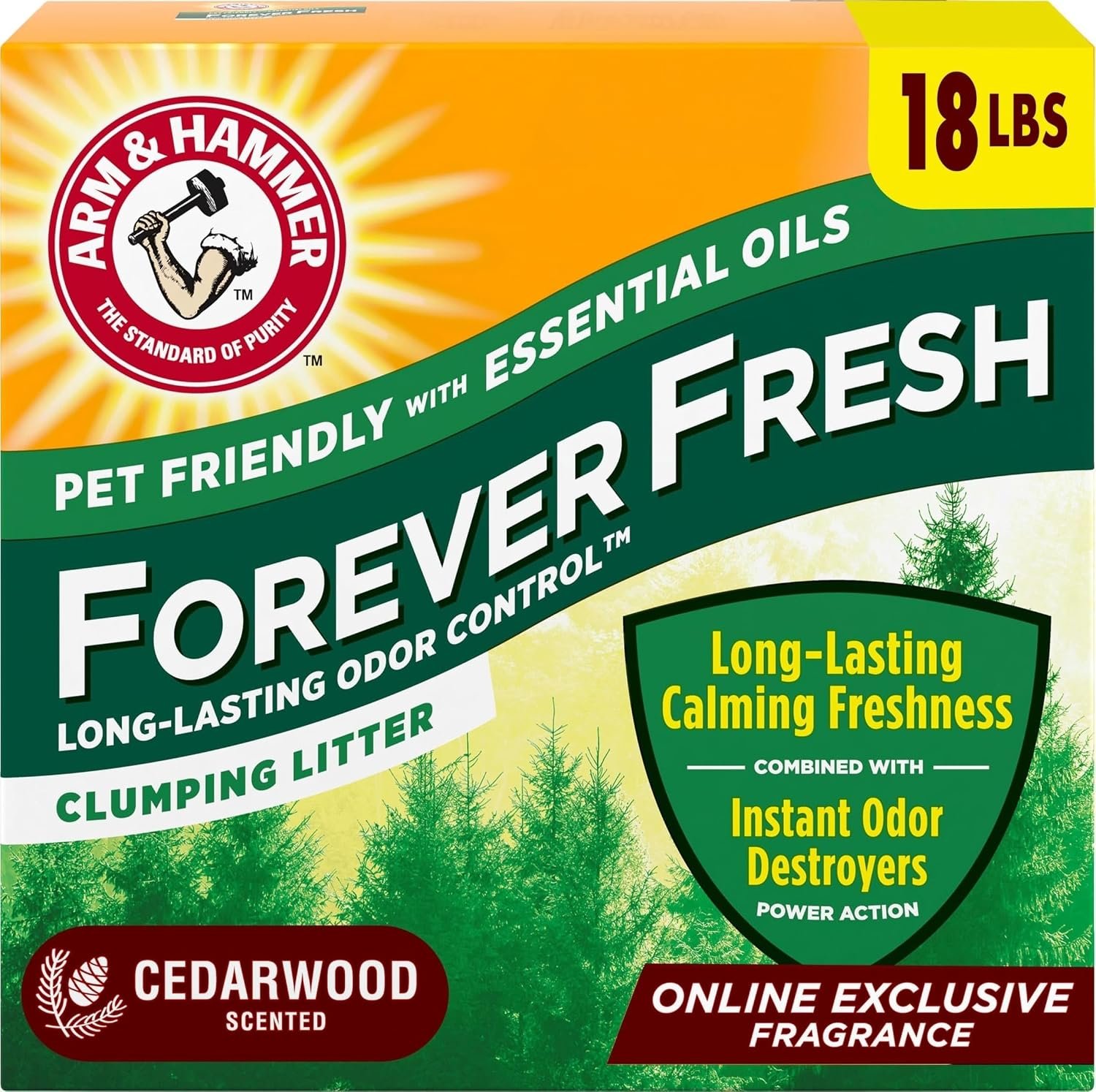 ARM & HAMMER Forever Fresh Cat Litter Cedarwood, MultiCat, 18lbs | Clumping Formula, Long-Lasting Odor Control, 99.9% Dust-Free, Pet Friendly Essential Oils