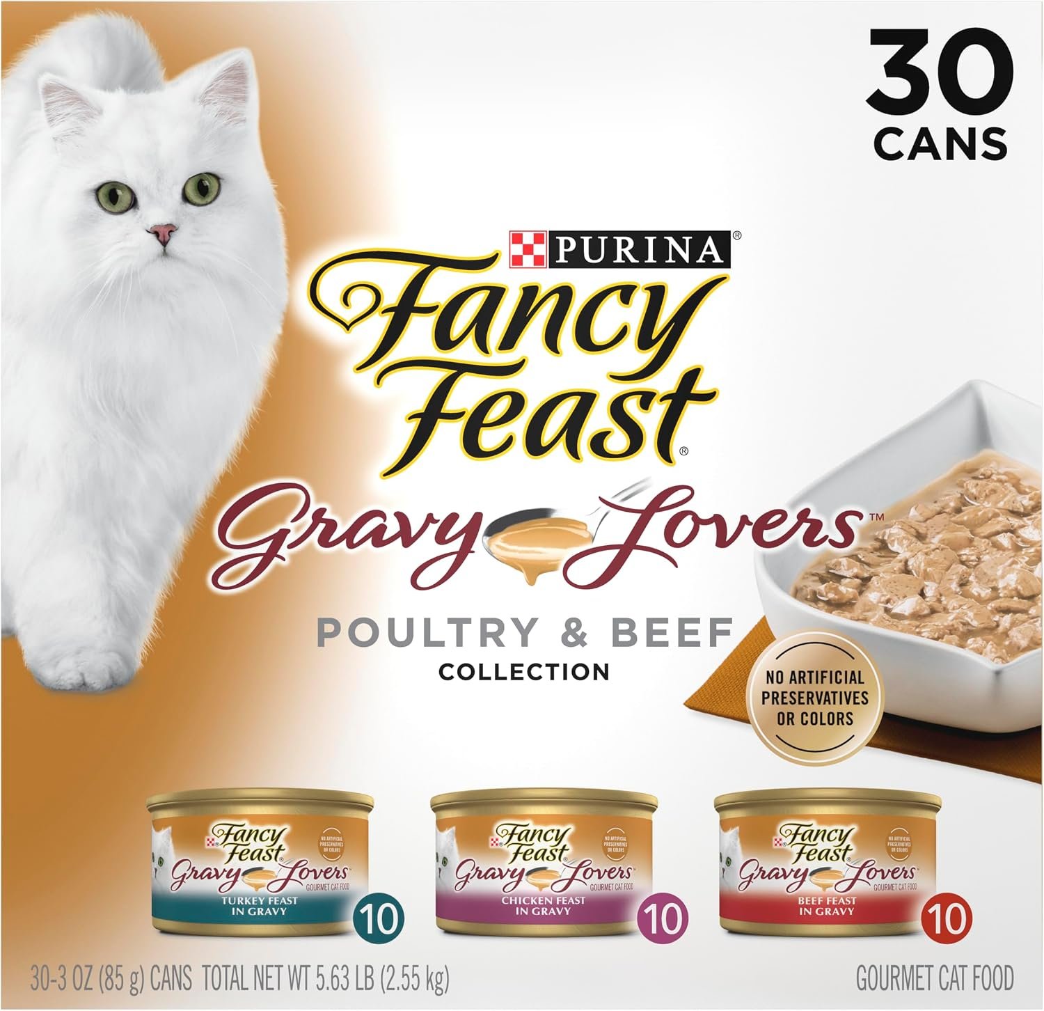 Purina Fancy Feast Gravy Lovers Wet Cat Food, 3 oz Cans, 30-Pack | Variety Pack with poultry and beef grilled gourmet recipes, made with no artificial colors or preservatives