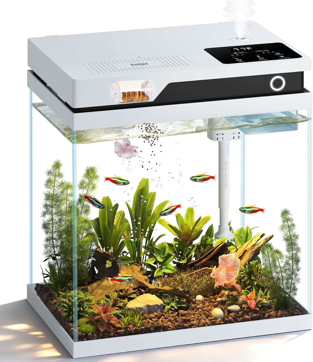 Vehipa Fish Tank, Smart Fish Aquarium Kit 4.2 Gallon with Auto Feeder, 4-in-1 Silent Pump, Adjustable Lighting, Temperature Display & Humidifier for Desktop, Office, Room