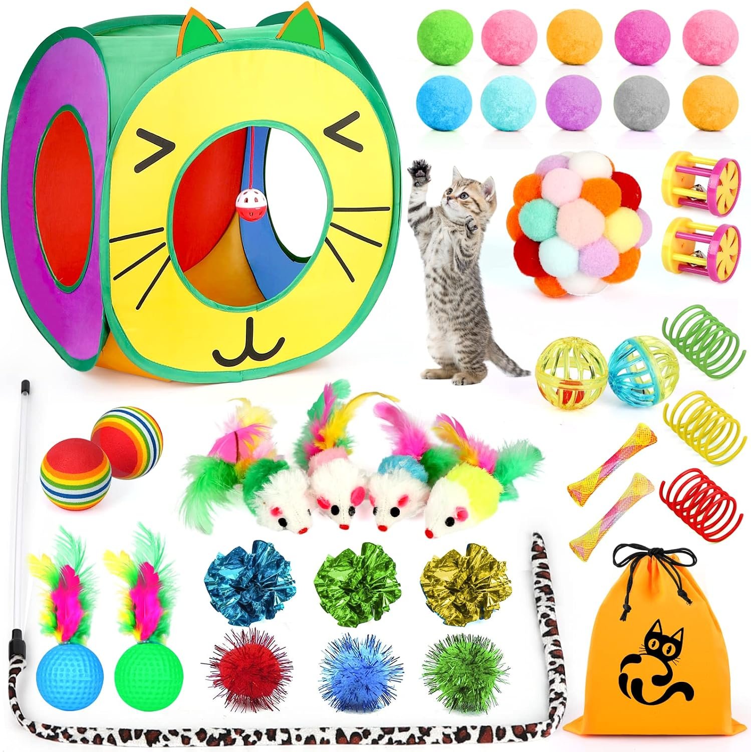 37 PCS Interactive Kitten Toys for Indoor Cats – Variety Set With Collapsible Tunnel Tube Tent, Feather Teaser Wand, Bell, Fuzzy Ball, Spring, Mouse, and Catnip