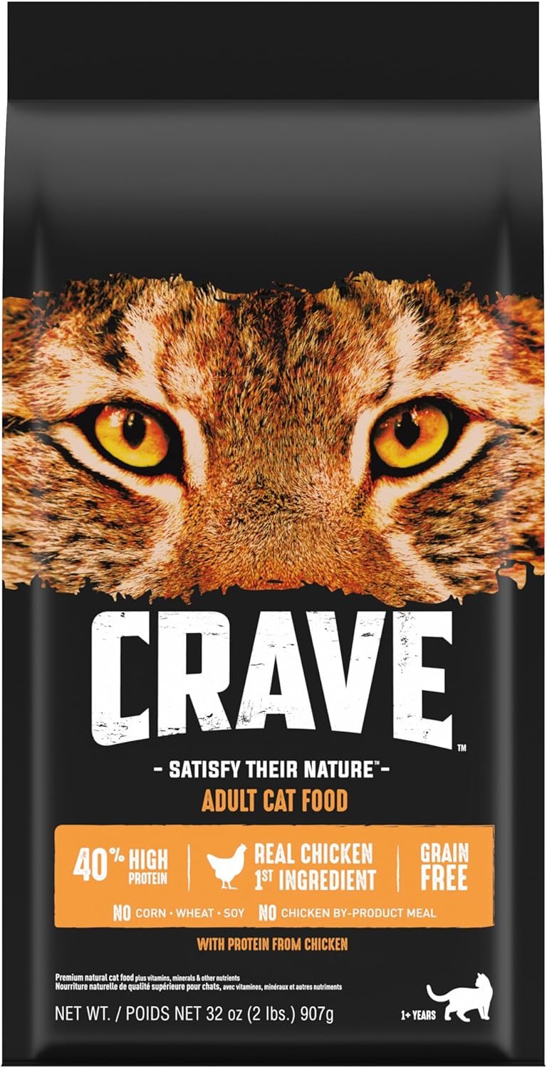 CRAVE Grain Free High Protein Natural Adult Dry Cat Food, Chicken, 2 lb | Chicken #1 ingredient, 40% protein, no by-product meal, no corn, wheat, or soy, supports muscle, digestion & immune system