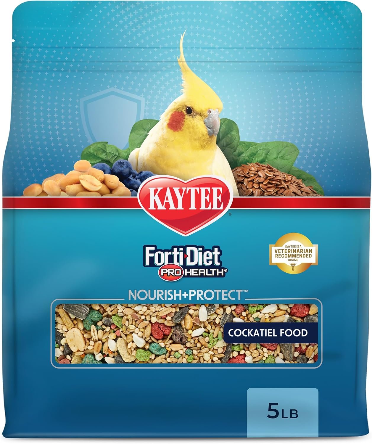 Kaytee Forti-Diet Pro Health Nourish+Protect Cockatiel Food, 5 lb | Digestive support daily. Parrot food for cockatiels. Prebiotics, probiotics, bird feed