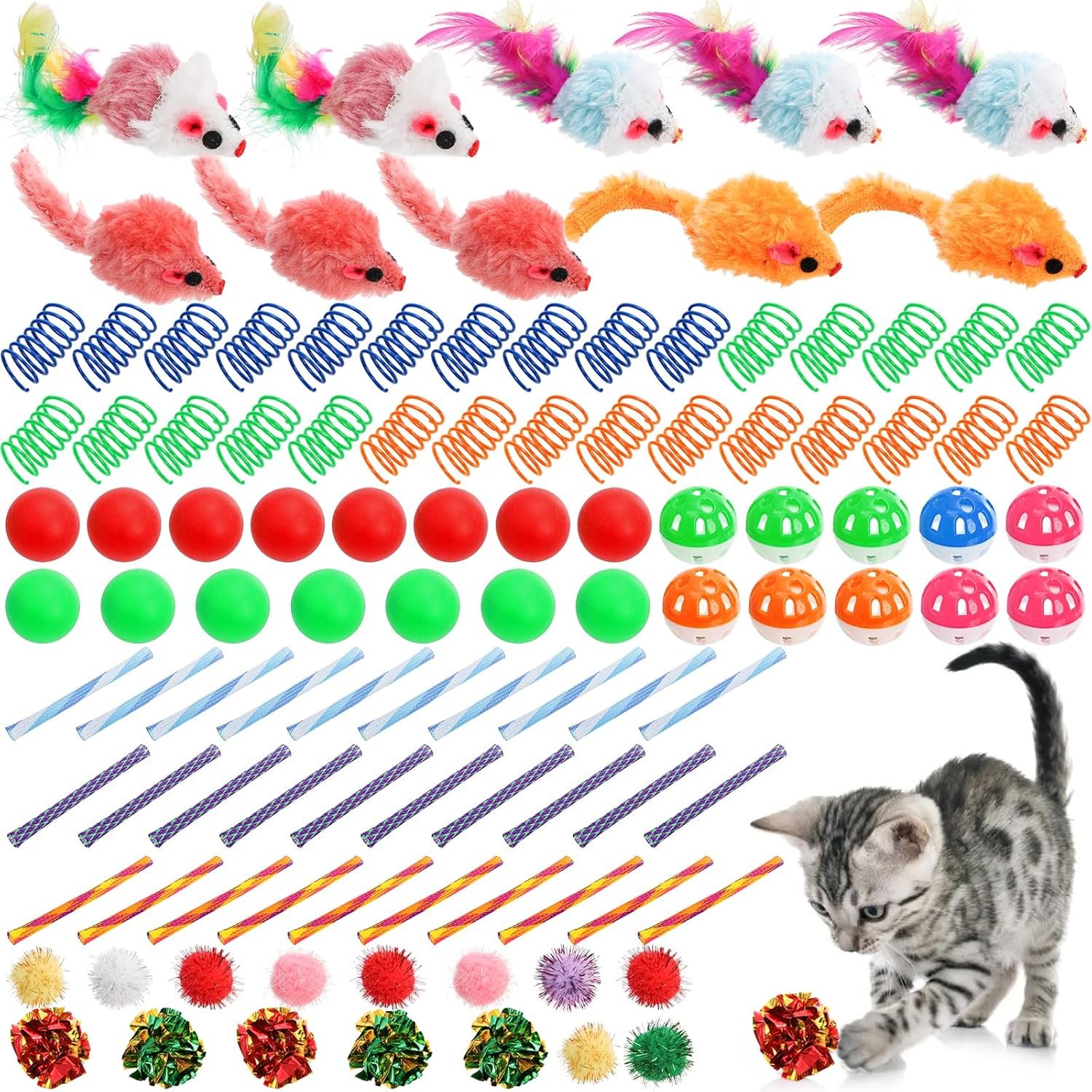 Nicunom 100 Pcs Cat Toys for Indoor Cats and Kittens – Spring, Fur Mice, Crinkle Ball, Sparkle Pom Pom Ball, Bell, Catnip Rope, Variety Cat Interactive Toy Set