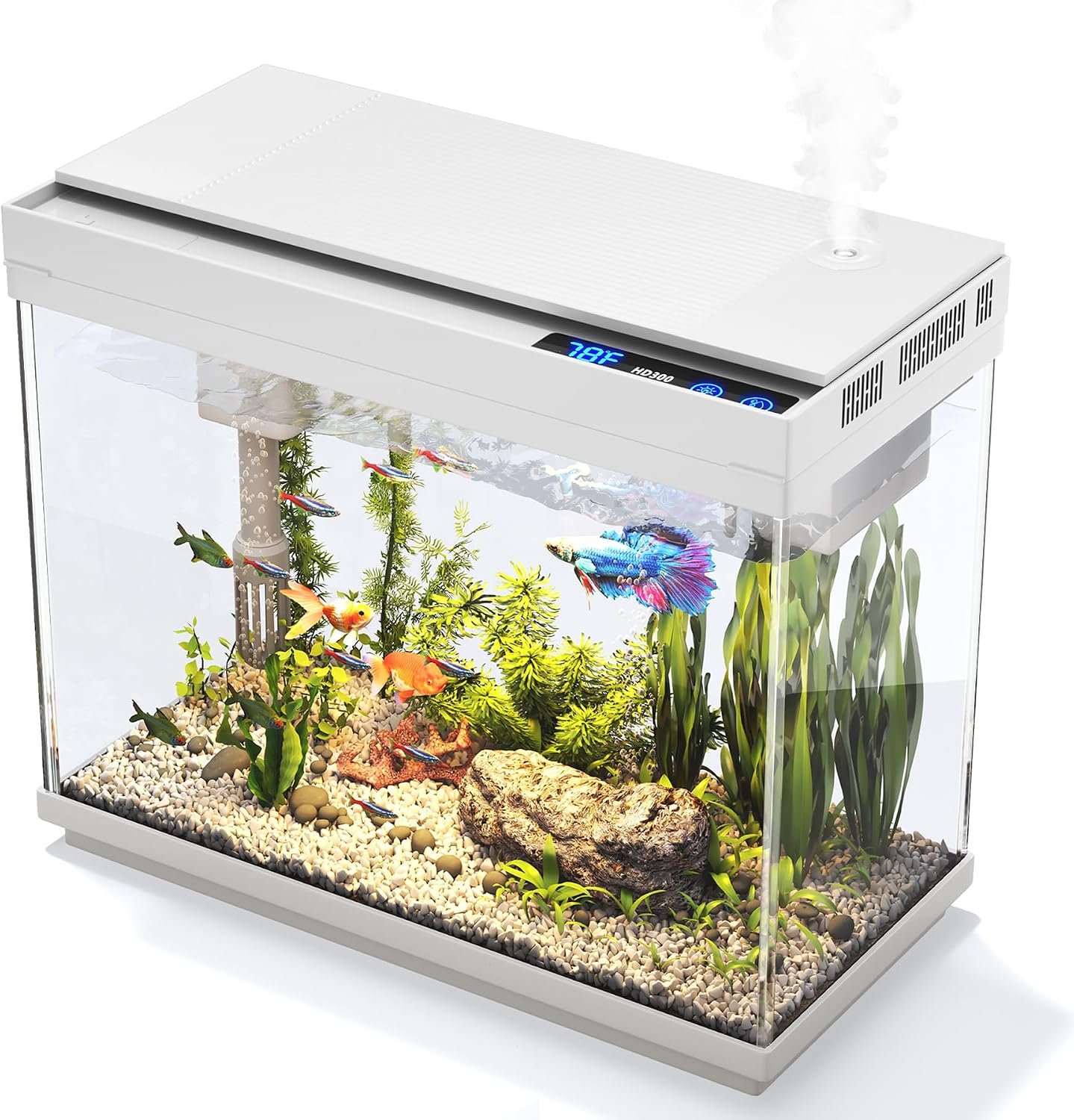 Vehipa Betta Fish Tank 2.4 Gallon HD Glass Aquarium Starter Kits | with 3 in 1 Quiet Filter, Humidifier, 7 Color Lights, Temperature Display