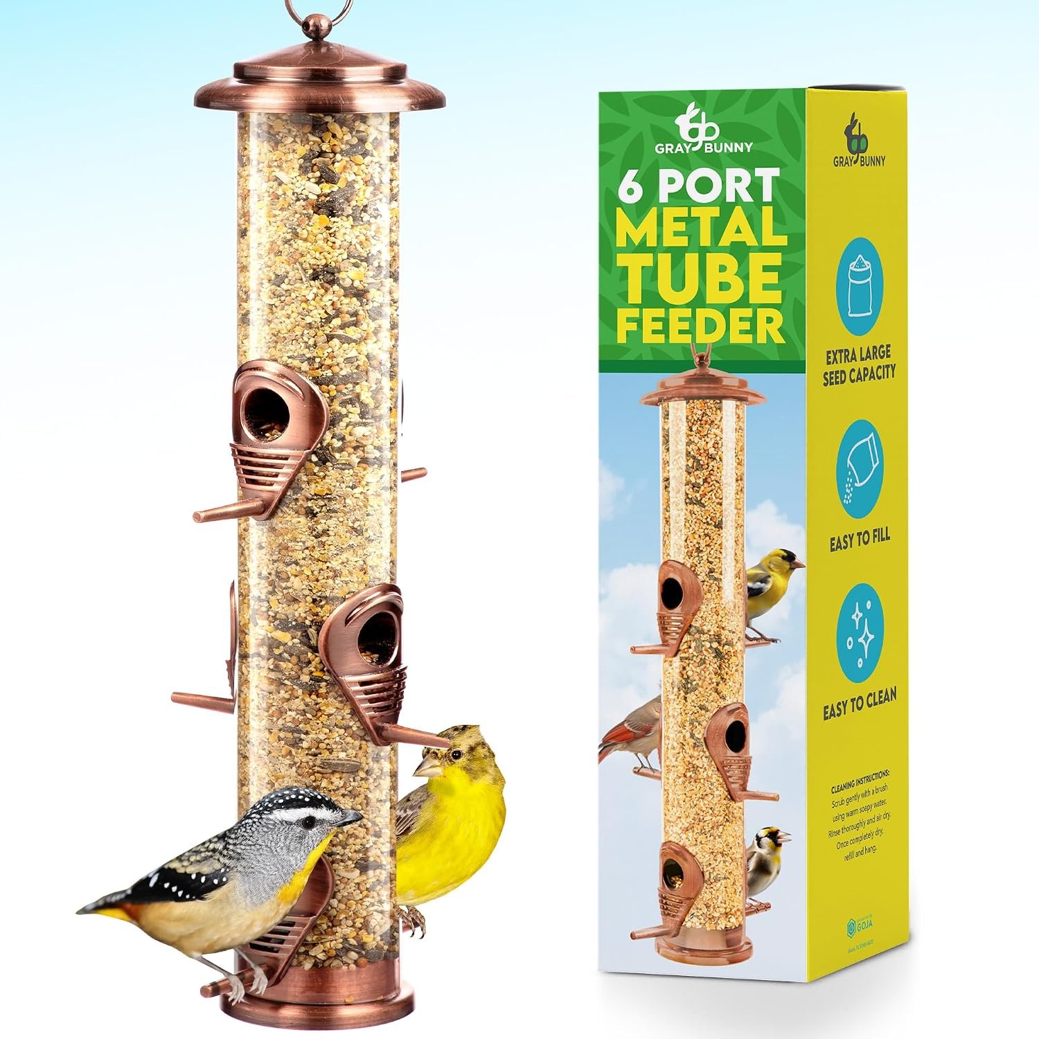 Gray Bunny Squirrel Proof Bird Feeders for Outdoors 6 Port Metal Tube | Cooper bird feeder squirrel proof, locking lid & adjustable hanger, chew-proof, weather resistant, easy clean