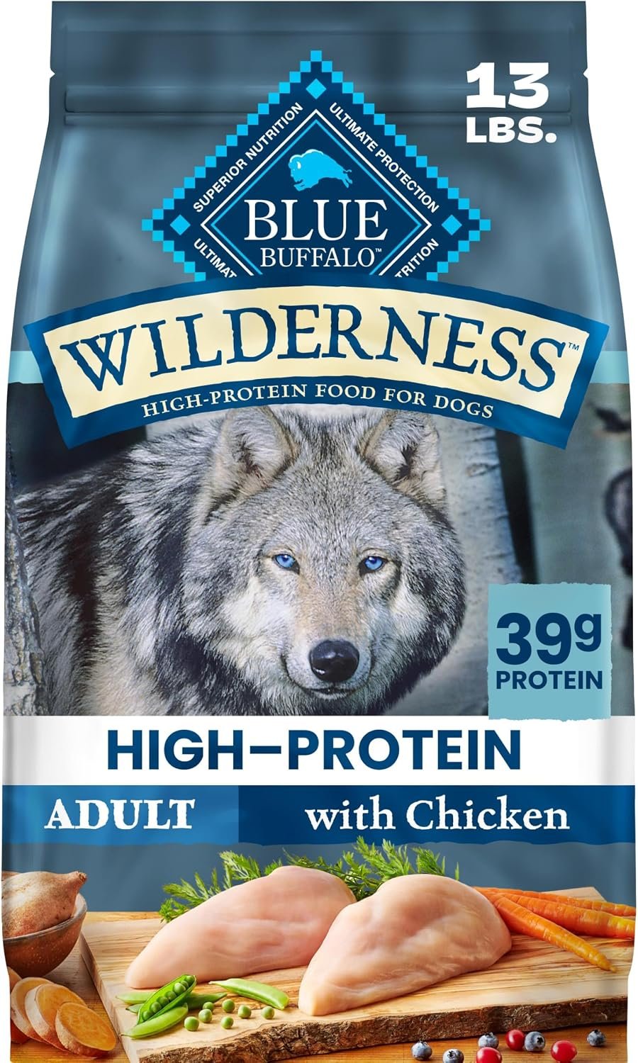 Blue Buffalo Wilderness Chicken & Wholesome Grains Adult Dry Dog Food, 13lb | 39g Protein, Real Chicken #1 Ingredient, Antioxidant-Rich Fruits & Veggies, High Protein to Fuel Adventures