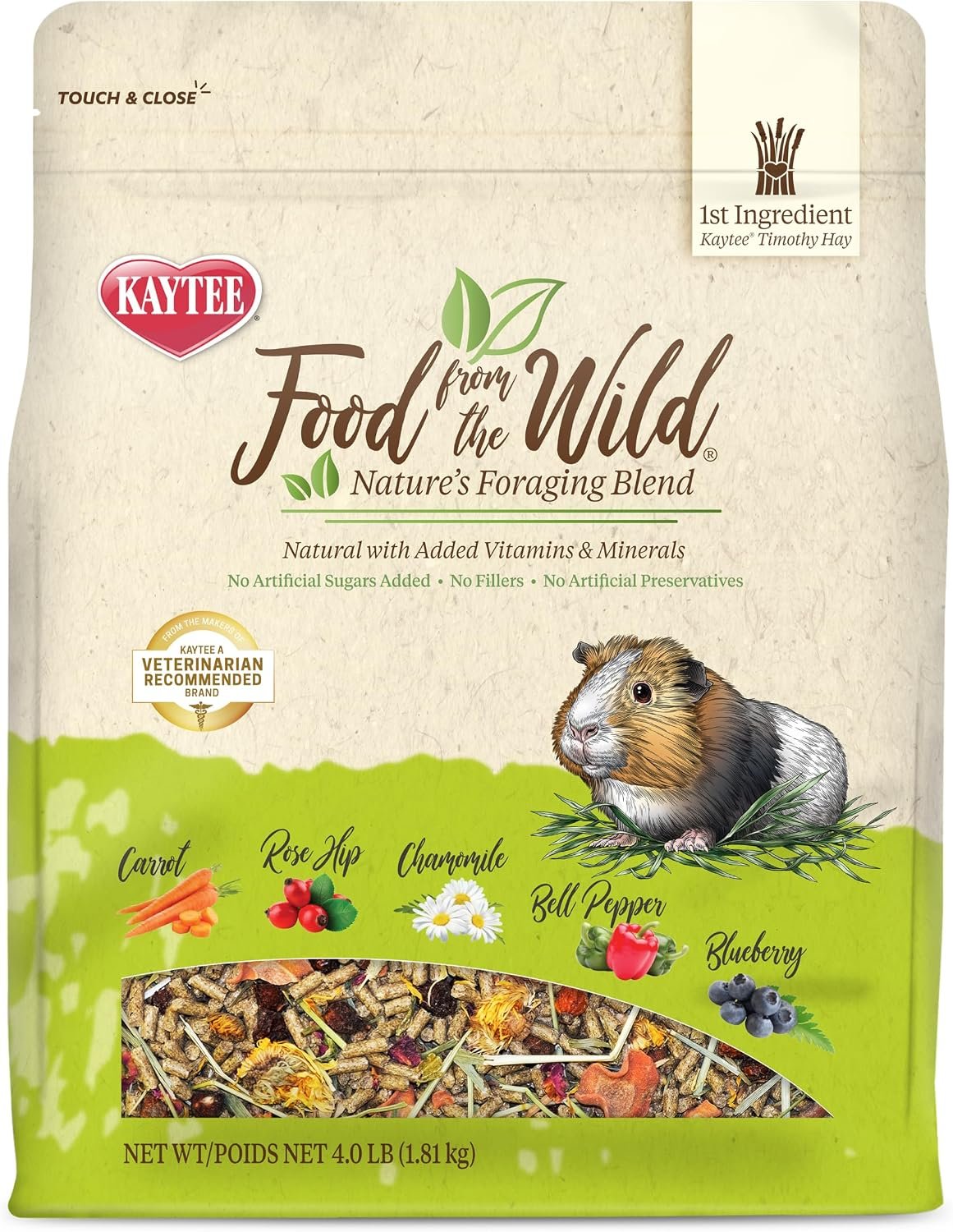 Kaytee Food from the Wild Guinea Pig Food, Timothy Hay, 4 Pounds | Supports digestion. Guinea pig pellets with timothy hay. Hay for guinea pigs, natural probiotics, no added sugar