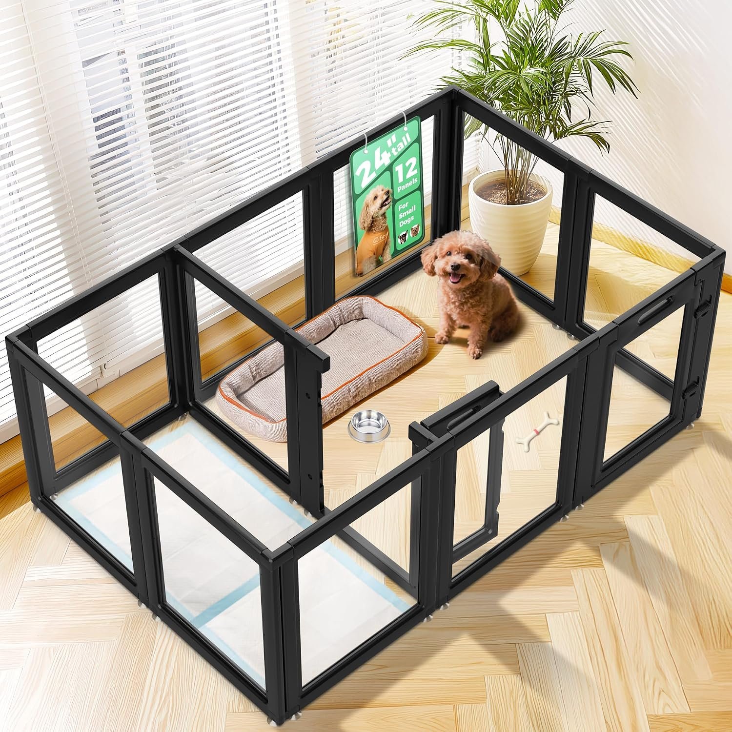 FXW AuraSpace Clear Acrylic Indoor Dog Playpen, 24″ H, 12 Panels, Black