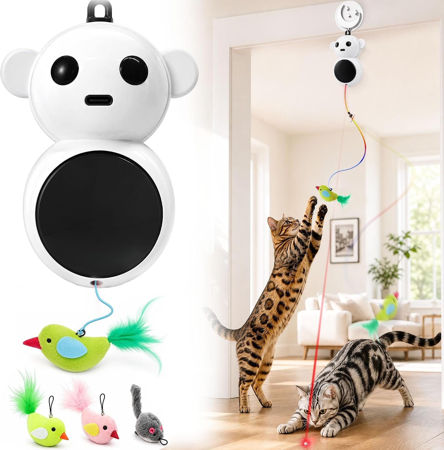 Interactive Cat Toys for Indoor Cats, Automatic Moving Toy with Flying Bird | Catpick toy Doorway Hanging Feather Toys for Bored Kitten & Adult Cat, Wand Toy for Exercise &Enrichment, Rechargeable, White