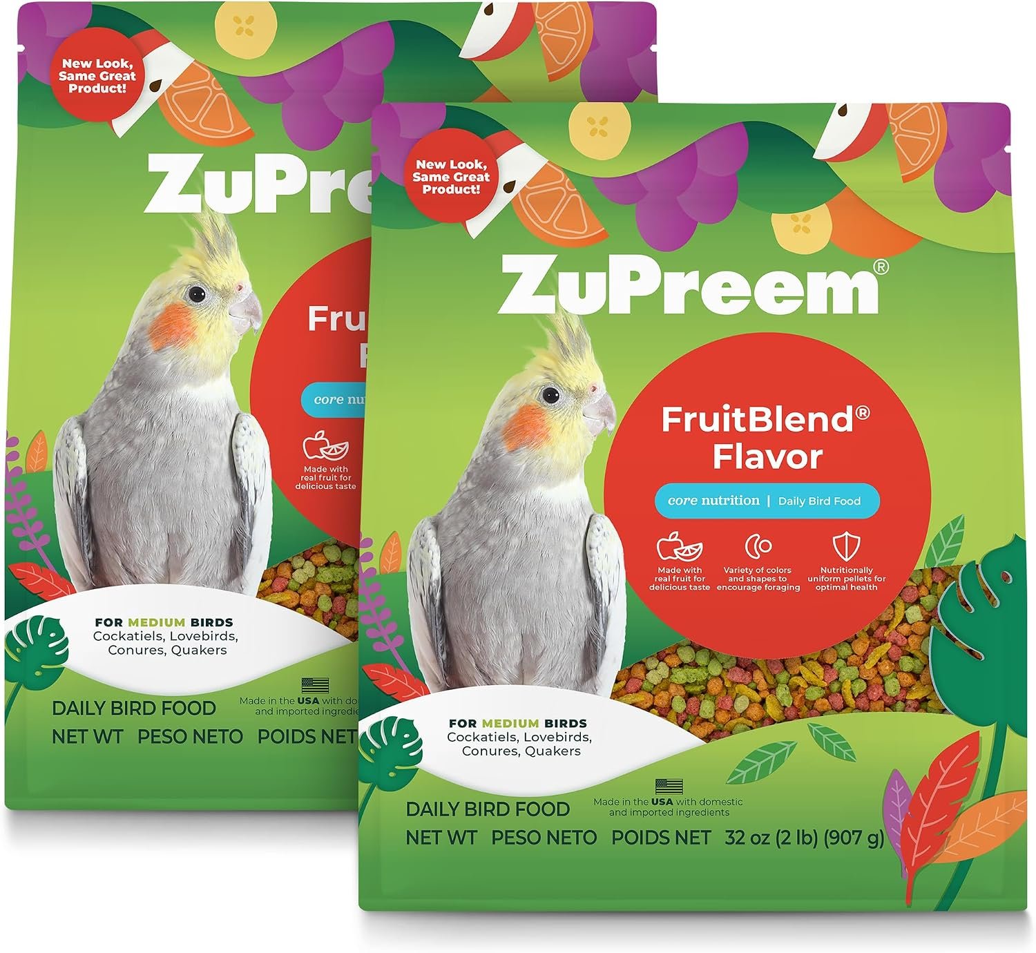 ZuPreem FruitBlend Cockatiel Pellets, Medium Bird Food, 2 lb, Pack of 2 | Vitamin fortified, FruitBlend flavor, for quakers, lovebirds & small conures, daily pellet diet
