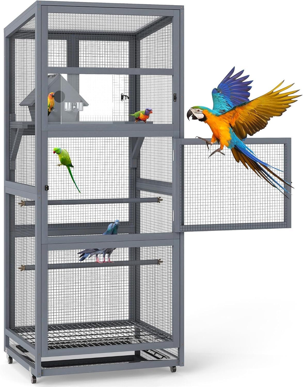 Coziwow 68″ H Outdoor Bird Aviary, Large Wood Parakeet Cage with Perch,Nest
