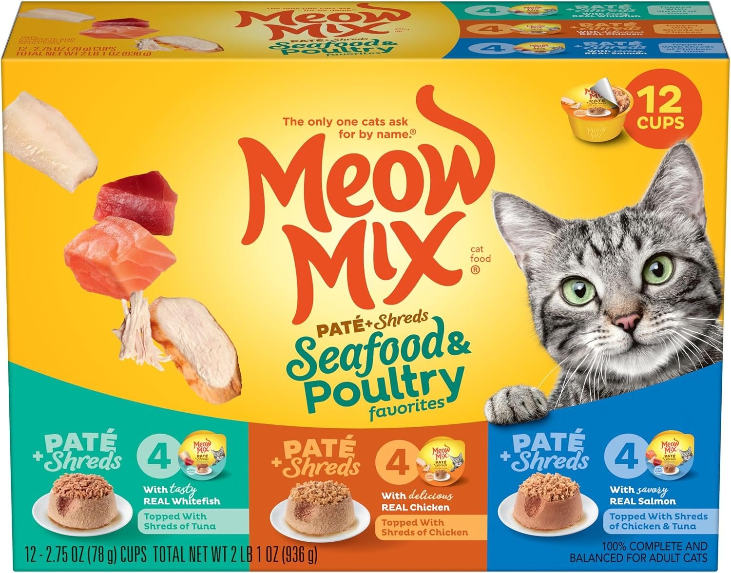 Meow Mix Paté & Shreds, Seafood & Poultry Wet Food Variety Pack, 12 Cups