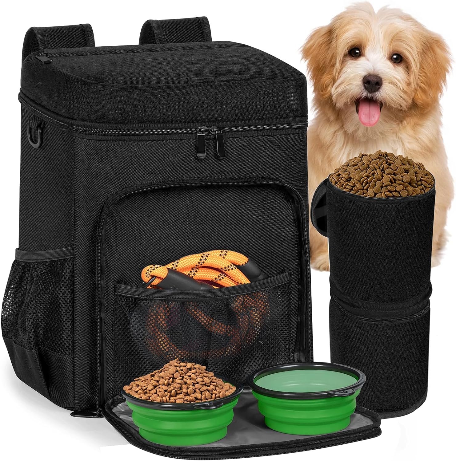 ANILD Dog Travel Bag Backpack, Flight-Ready TSA-Approved Dog Travel Bag with 2 Leak-Proof Food Canisters, 4 Foldable Silicone Bowls, Multi-Compartment Organizer for Hiking, Camping, Dog Mom Essentials