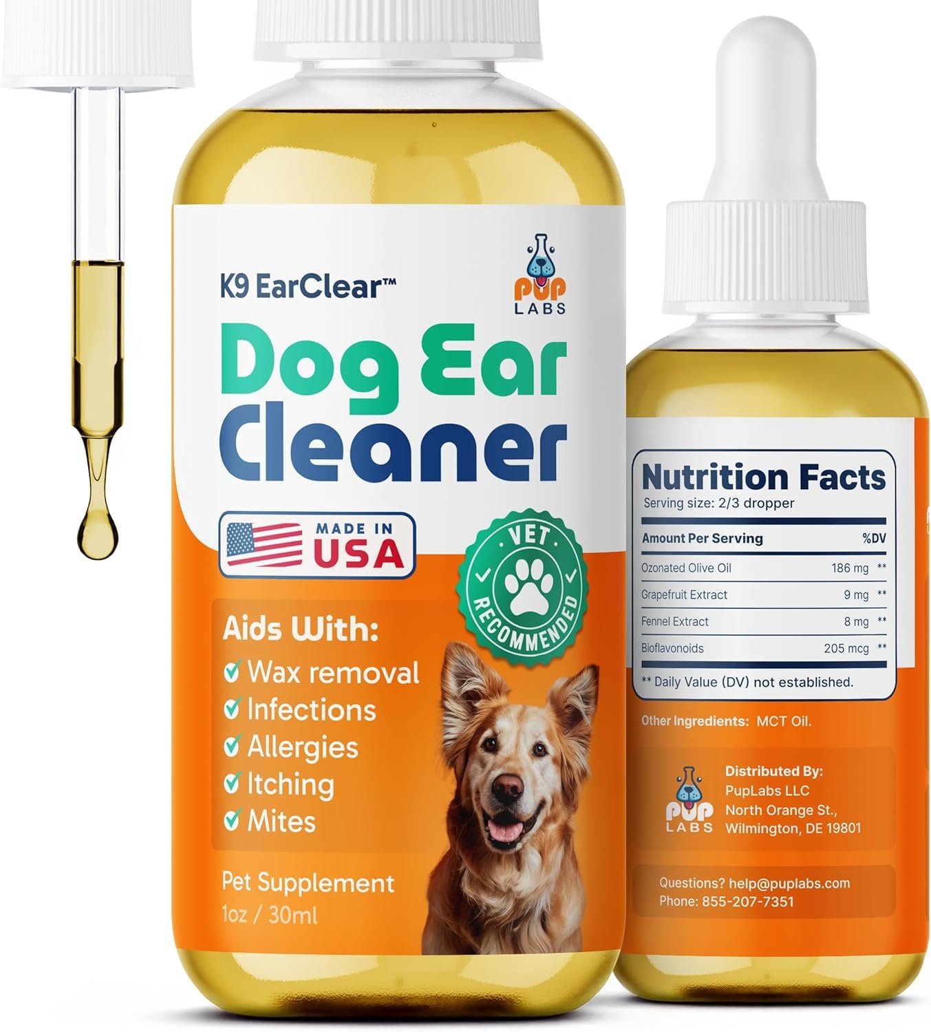Pup Labs Ear Clear, Natural Dog Ear Cleaner and Infection Treatment for Dogs, Dog Drops for Itching, Irritation, & Wax Build-Up, 1 oz Bottle with Dropper