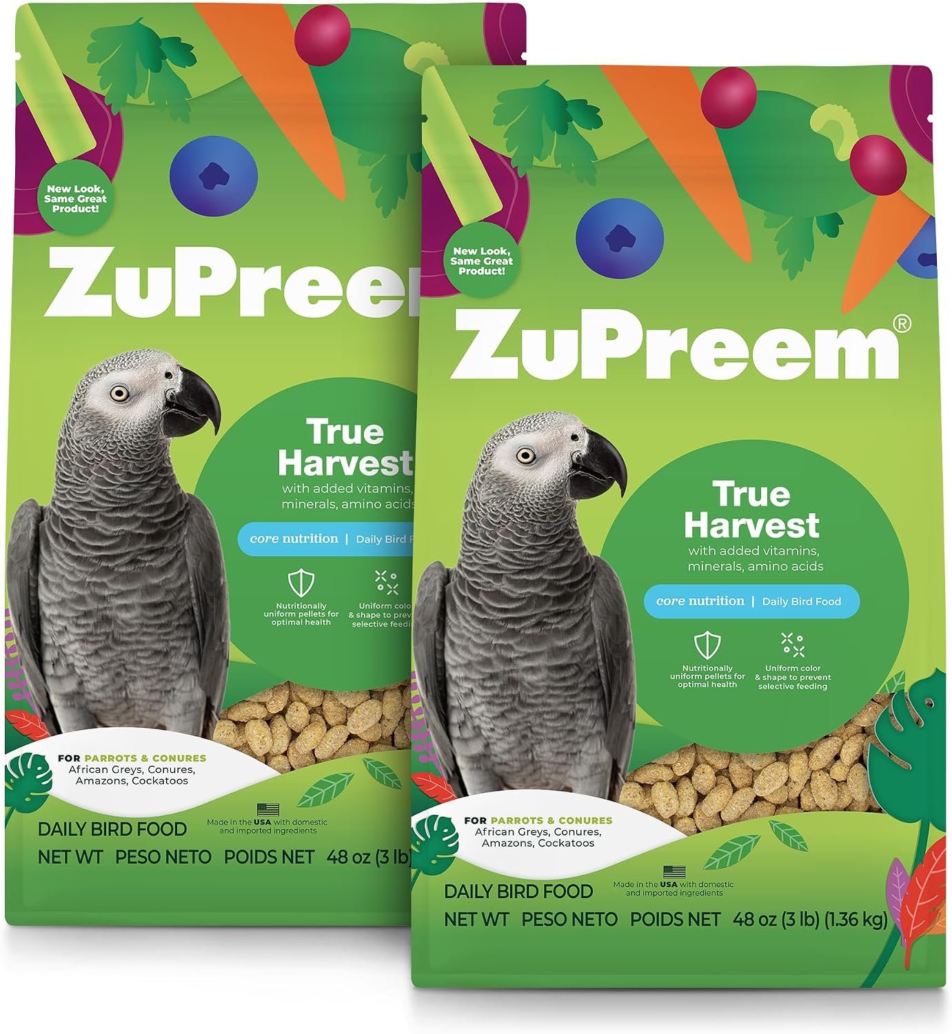 ZuPreem True Harvest Parrot Pellets, Natural Bird Food, 3 lb, Pack of 2 | Natural daily pellets, for conures, African greys, amazons, eclectus & caiques, medium to large birds