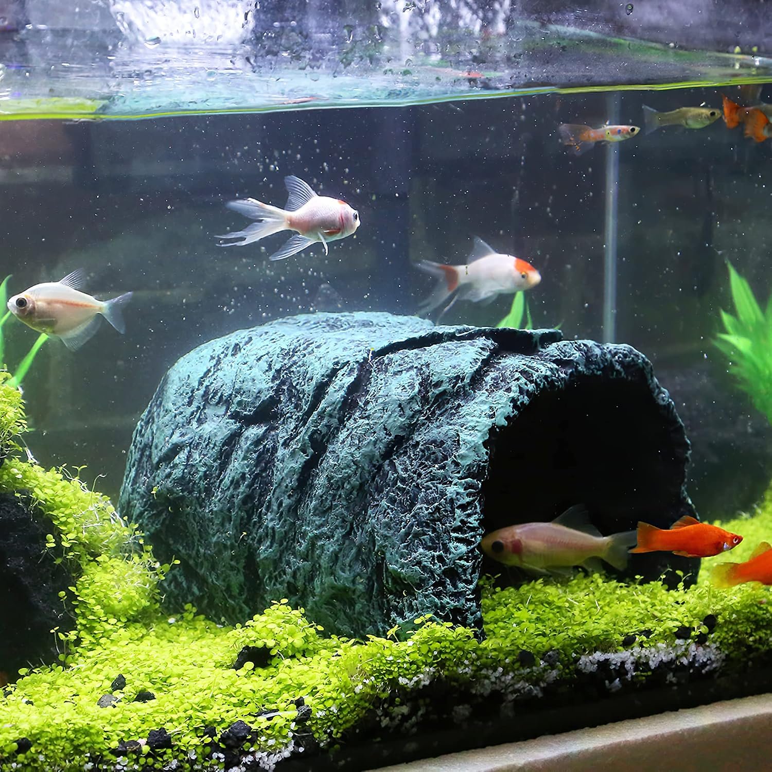 Hide Cave Aquarium Decorations Aquarium Terrarium Decor | Premium Resin Hideout for Reptiles & Amphibians – Fish Hiding Spot with Realistic Moss Rock Look