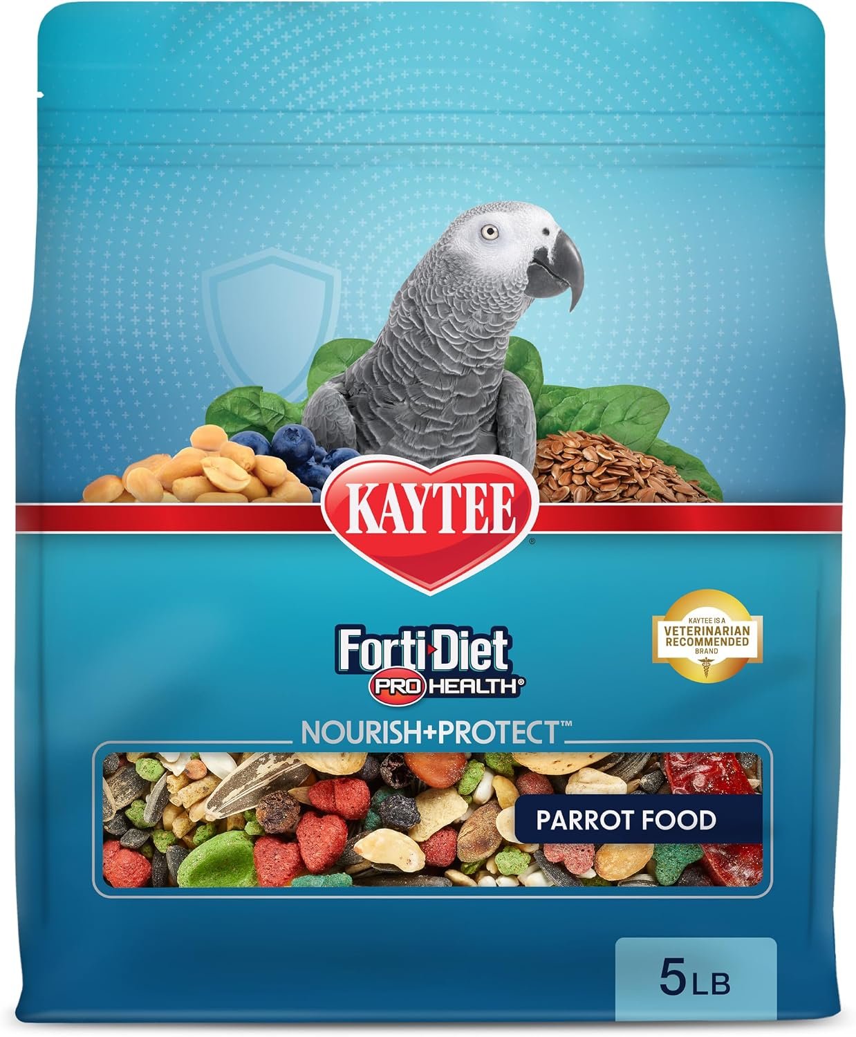 Kaytee Forti-Diet Pro Health Nourish+Protect Parrot Food, 5 Pounds | Daily health support. This african grey parrot food has prebiotics. Cockatoo food, probiotics, omega-3s