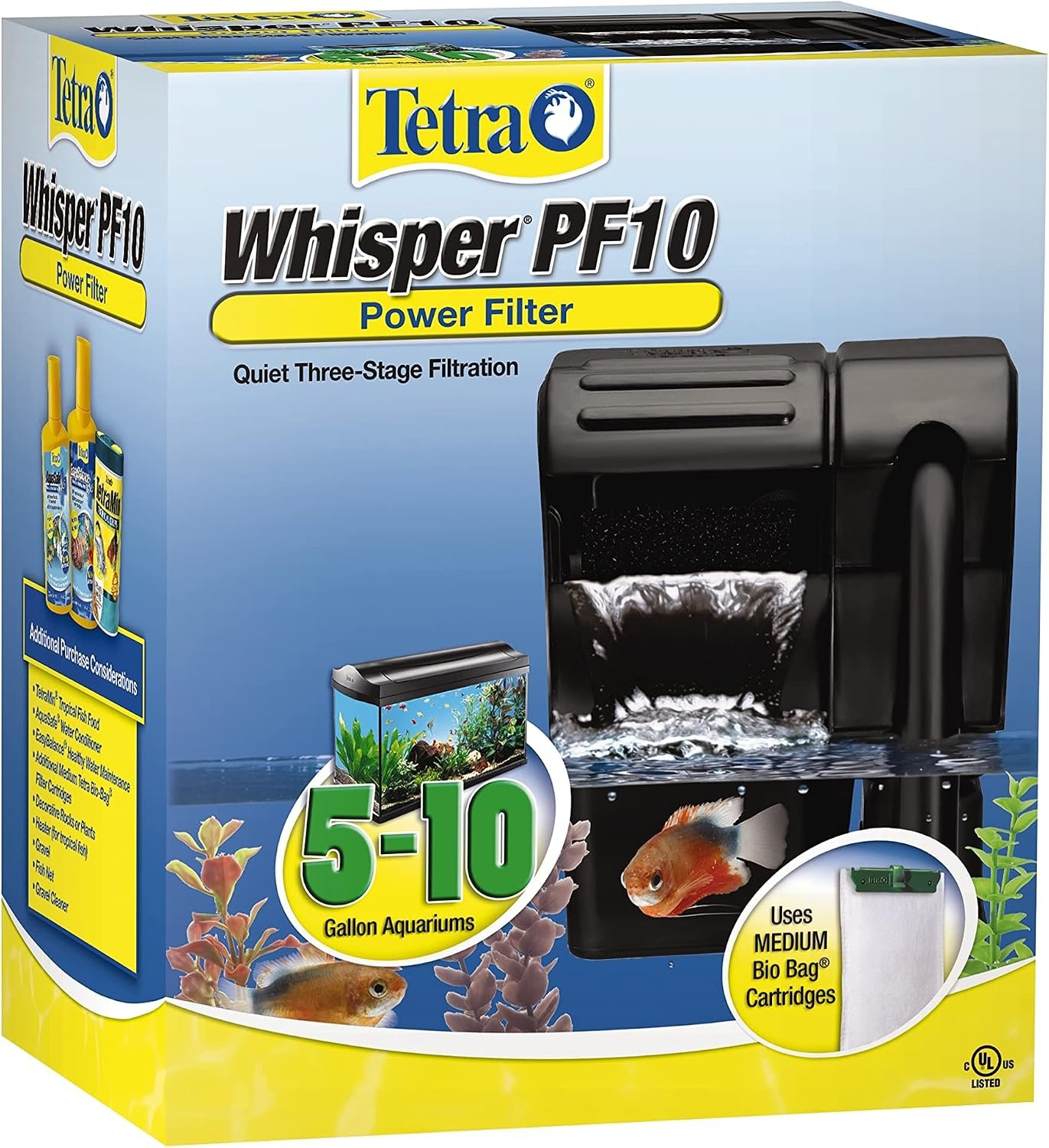 Tetra Whisper Power Filter 10 Gallons, Quiet 3-Stage aquarium Filtration (26316)