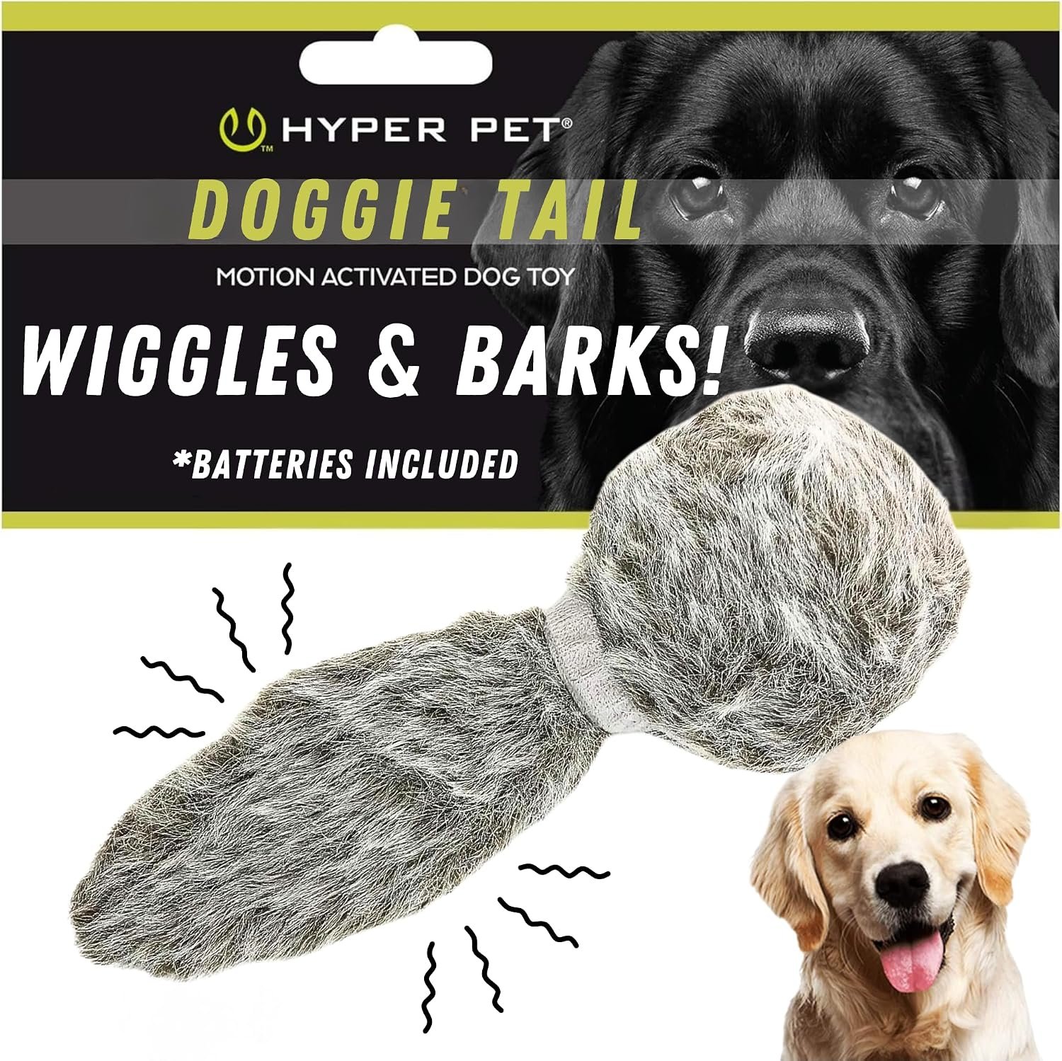 Hyper Pet Doggie Tail Interactive Plush Automatic Dog Toy, Wiggles, Barks | Durable boredom buster with batteries included, vibrating action keeps curious pups of all breeds engaged and entertained