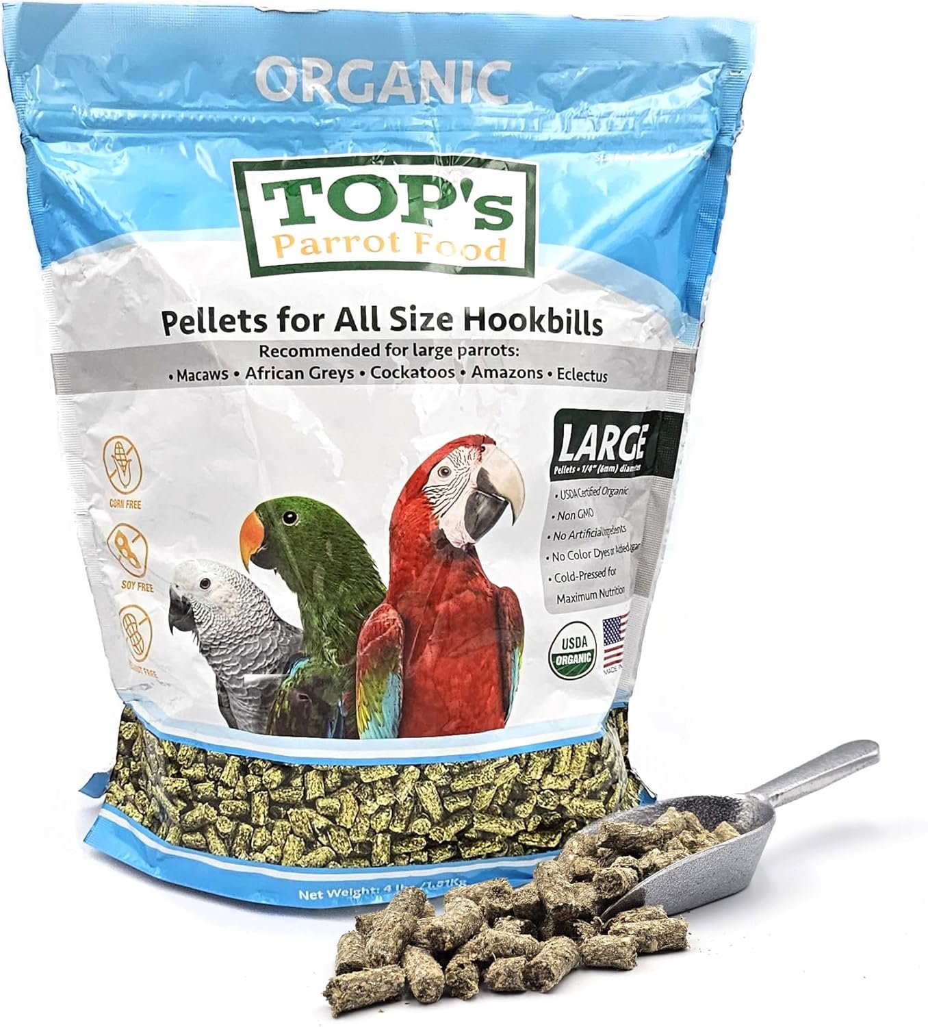 TOP’s Parrot Pellets 4 lb, USDA Organic Certified, Non-GMO Bird Food for Hookbills