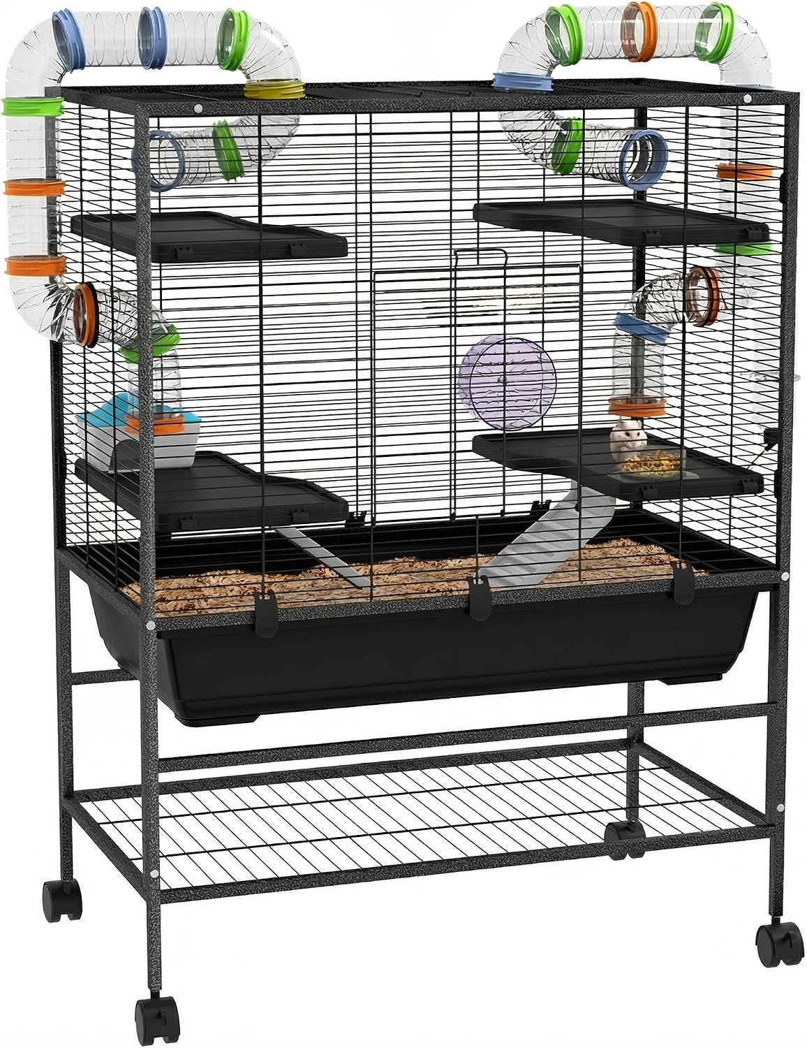PawHut 32″ Large Hamster Cage with Storage Shelf for Syrian Hamster, Tubes | Rat Cage, for Gerbils, Running Wheel, Food Dish, Water Bottle