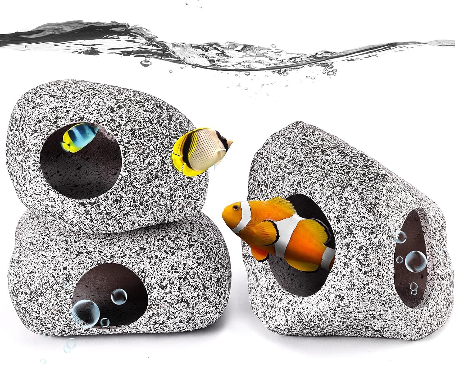 3 Pieces Rock Aquarium Decorations, Stackable Cave Aquarium Decor, Betta Fish Tank Accessories Hideout Hidden Stones Ornaments, Fish Rock House Hideaway Tunnel Fish Cave for Aquarium Shrimp Cichlid