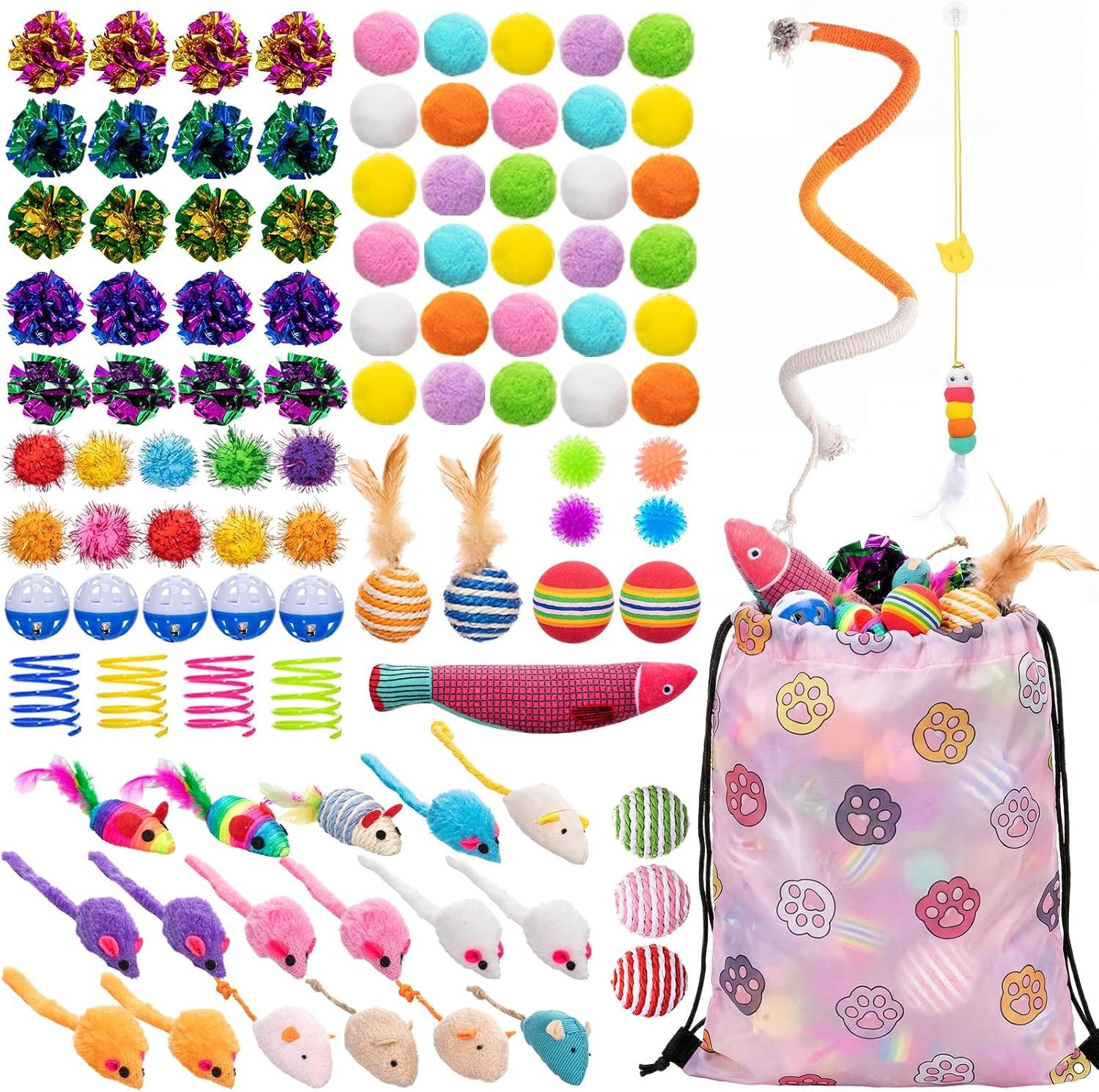 Leitee 100 Pcs Cat Toys Assortment with 1 Gift Storage Bag, Interactive Cat Play Set for Indoor Kitten, Colorful Springs, Mouse Toys, Chew Ropes, Balls, Bells & Sisal Ball
