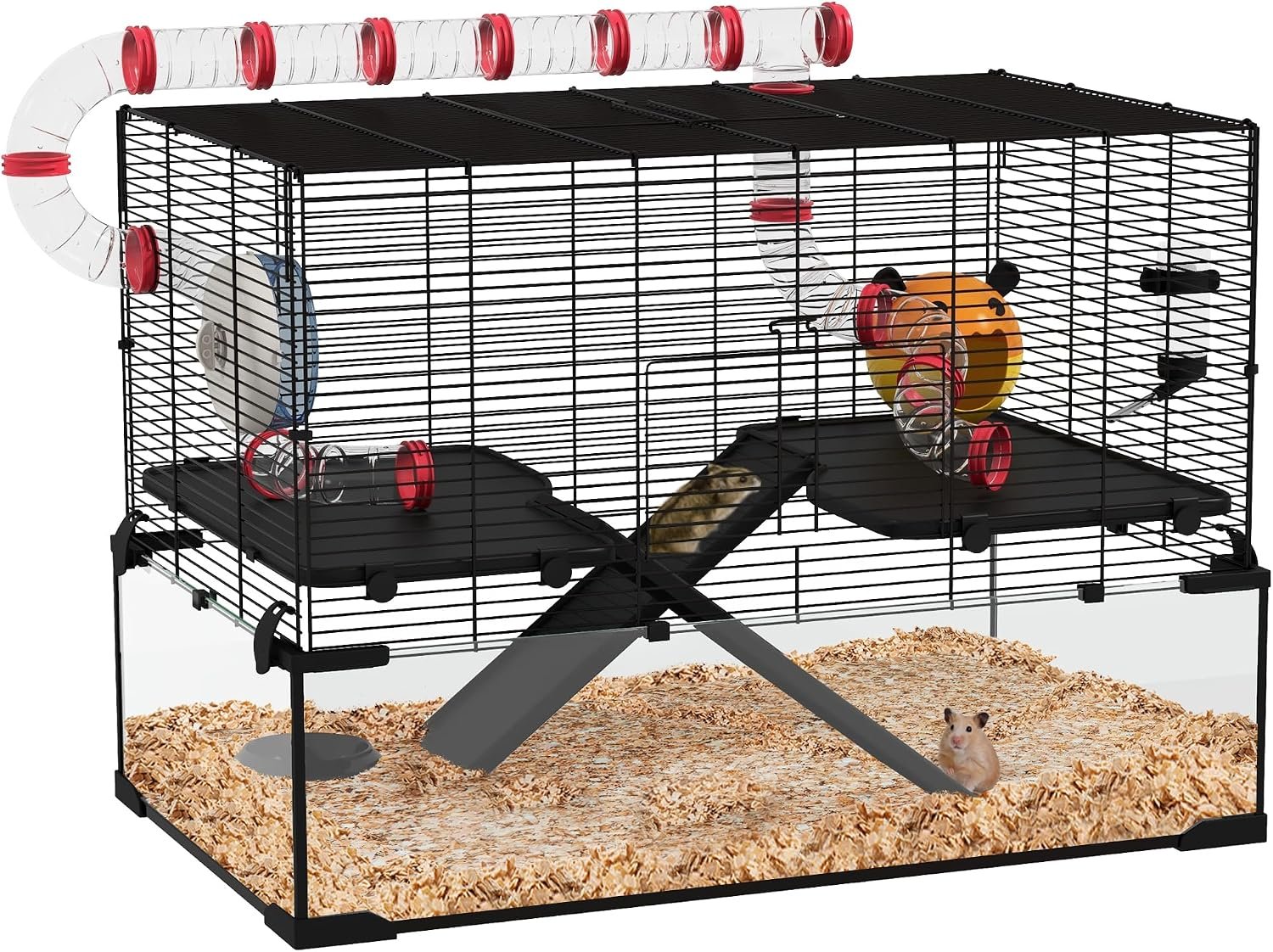 PawHut 31″ Extra Large Hamster Cage with Tube Tunnel, Small Animal Cage for Dwarf Hamster, Rat, Gerbil Cage with Deep Glass Bottom, Water Bottle, Food Dish, Exercise Wheel, Ramps