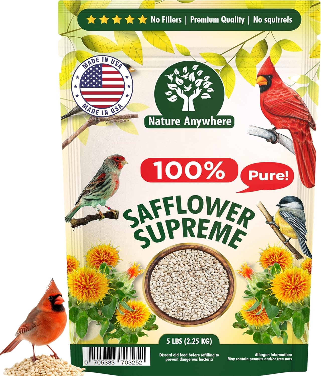 Safflower Bird Seed for Outside Feeders, Cardinal Wild Bird Food, 5 lb